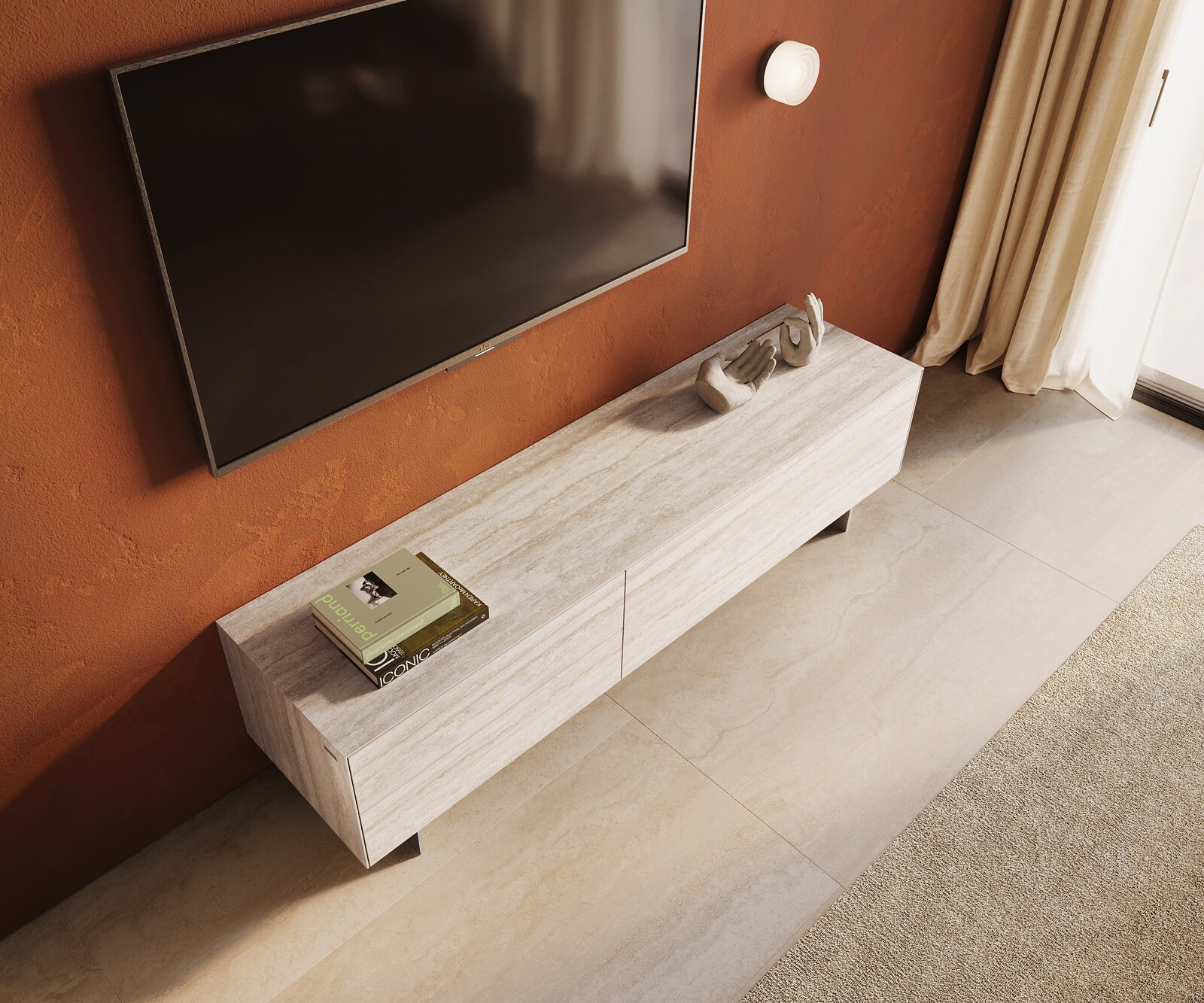 Szafka RTV Cuor 180 cm ceramika Laminam® Travertino Bianco kremowo-biała 1 klapa 2 szuflady nóżki wąskie stal nierdzewna 4