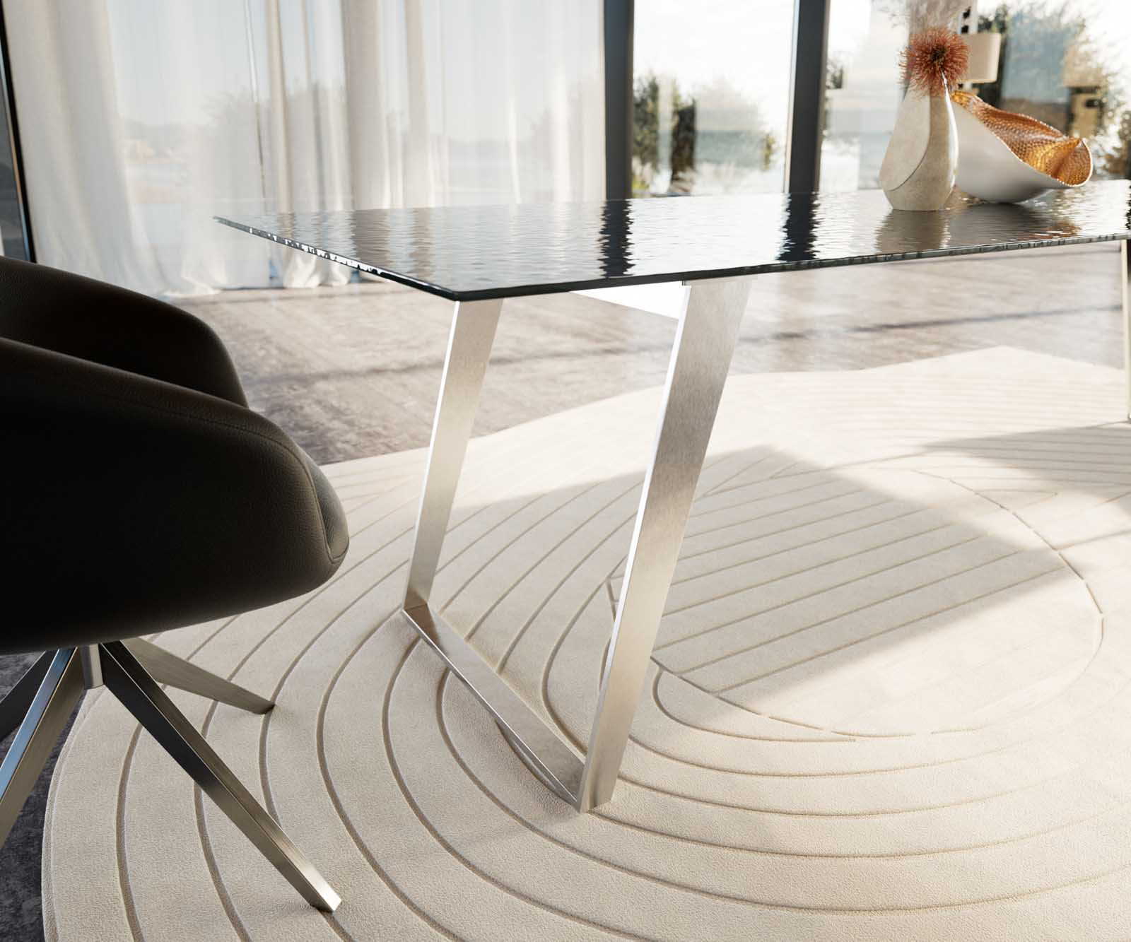 Stół do jadalni Edge 300x100cm szkło reliefowe czarne efekt 3D stal nierdzewna pochylona rama 5