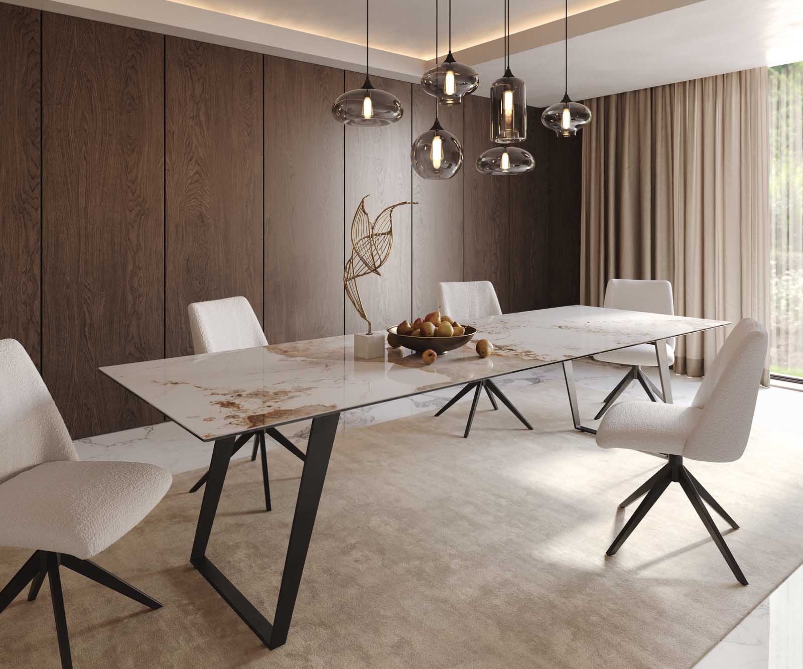 Stół do jadalni Edge 300x100cm ceramika Minas Melange biało-beżowy metal pochylona rama czarna 1