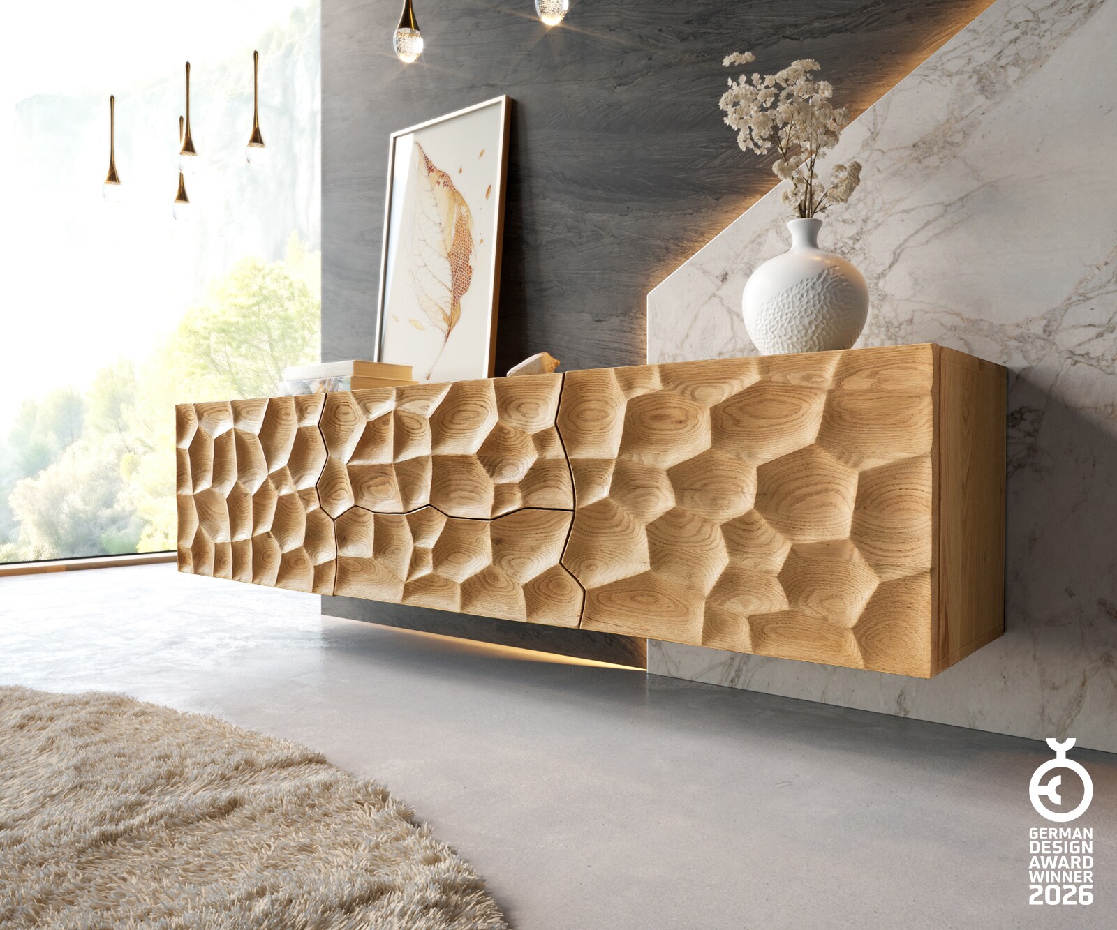 Szafka RTV Solu 175x35x40 cm dąb naturalny 2 drzwi 2 szuflady podwieszana