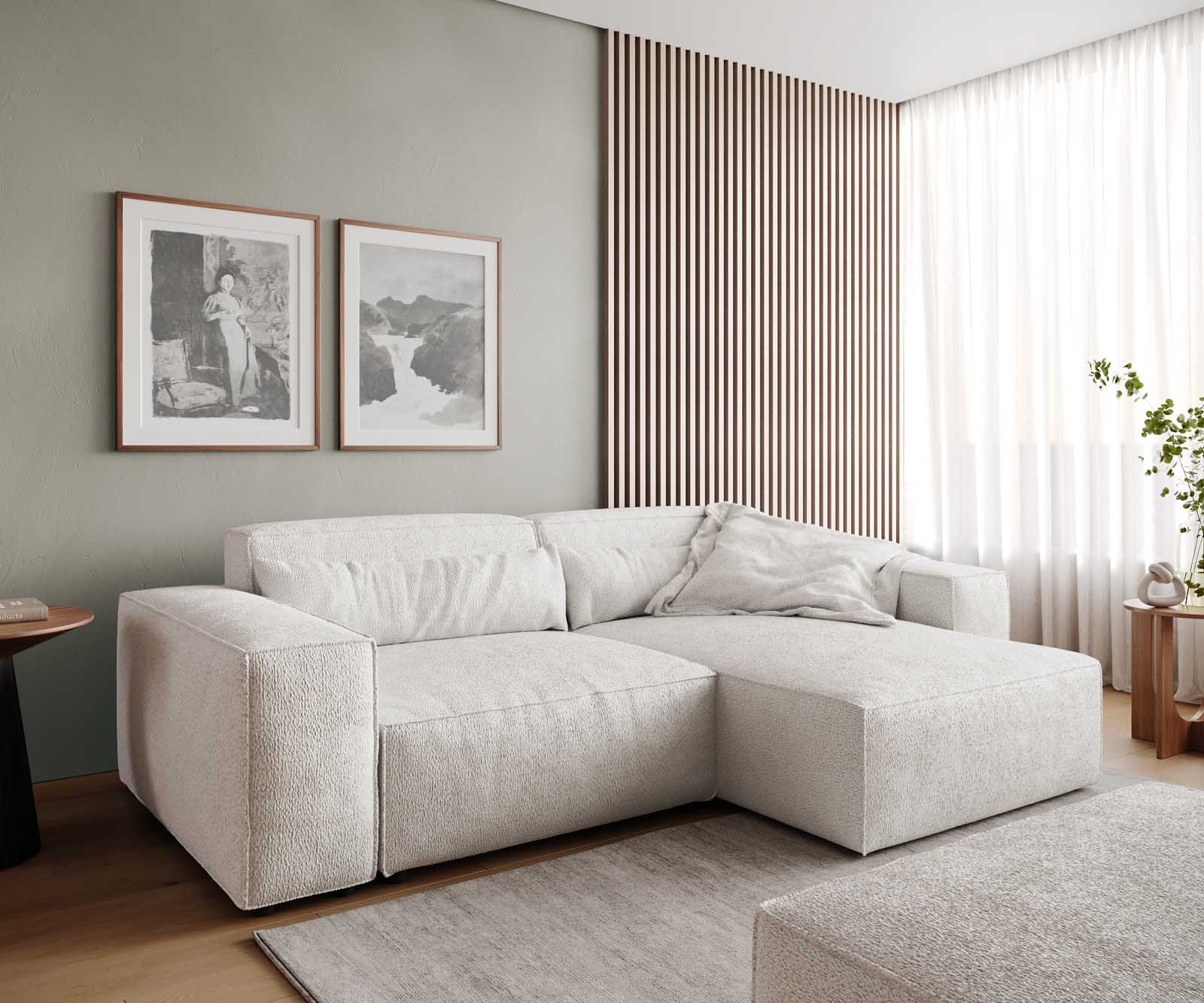 Sofa narożna Sirpio L 250x155 cm bouclé kremowo-biały szezlong z możliwością obustronnego montażu z pufem