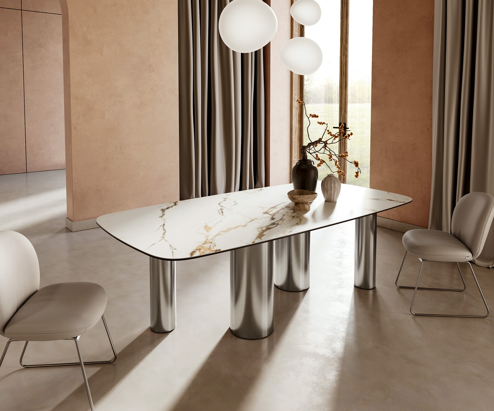 Stół do jadalni Edge kształt beczki 240x120cm ceramika Calacatta Luxe biało-złoto-szary rama Pilier stal nierdzewna 1