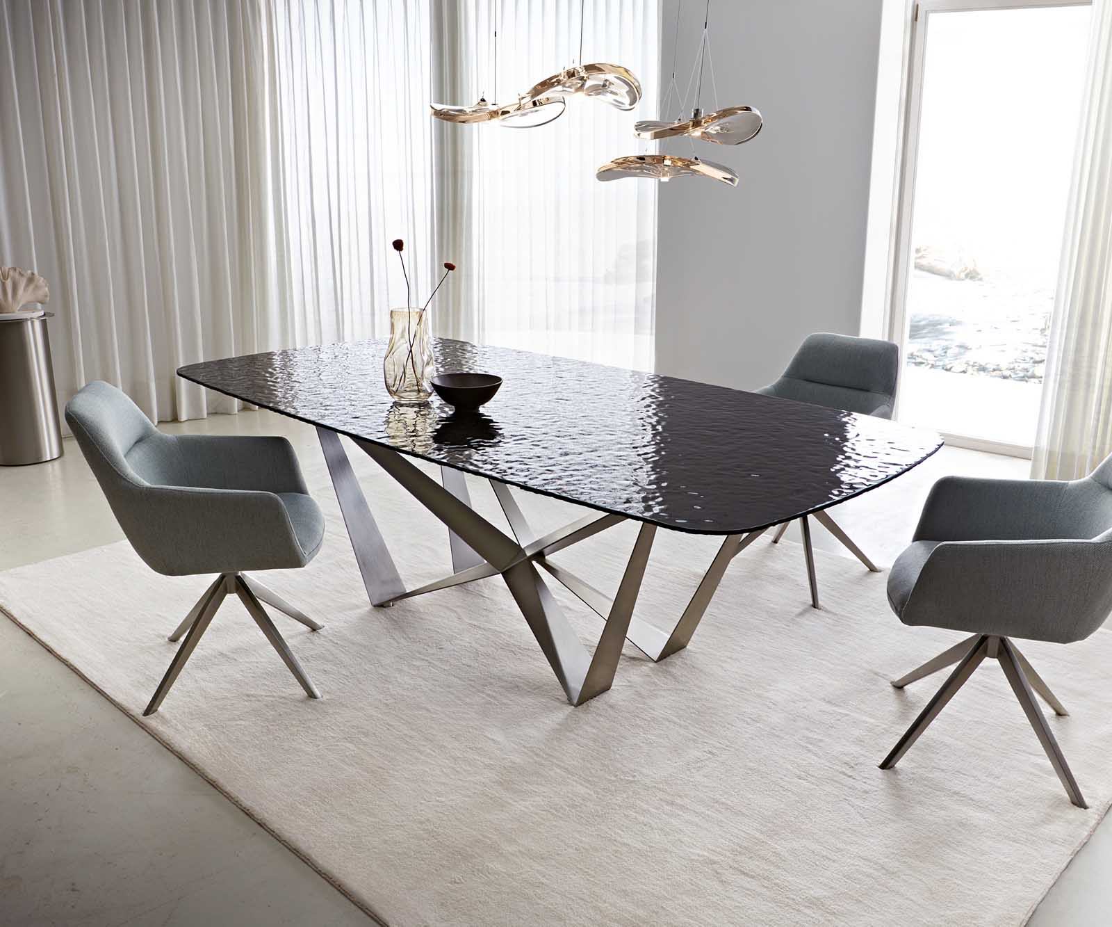 Stół do jadalni Edge kształt beczki 240x120cm szkło reliefowe czarne efekt 3D rama Spider stal nierdzewna 2