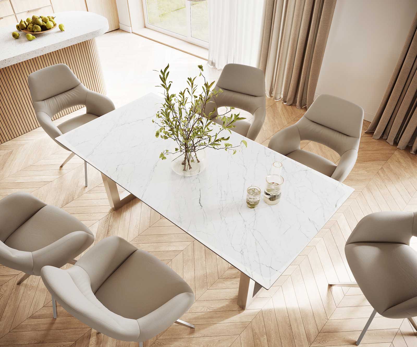 Stół do jadalni Edge 200x100 cm ceramika Laminam® Statuarietto biały stal nierdzewna szeroka rama 3