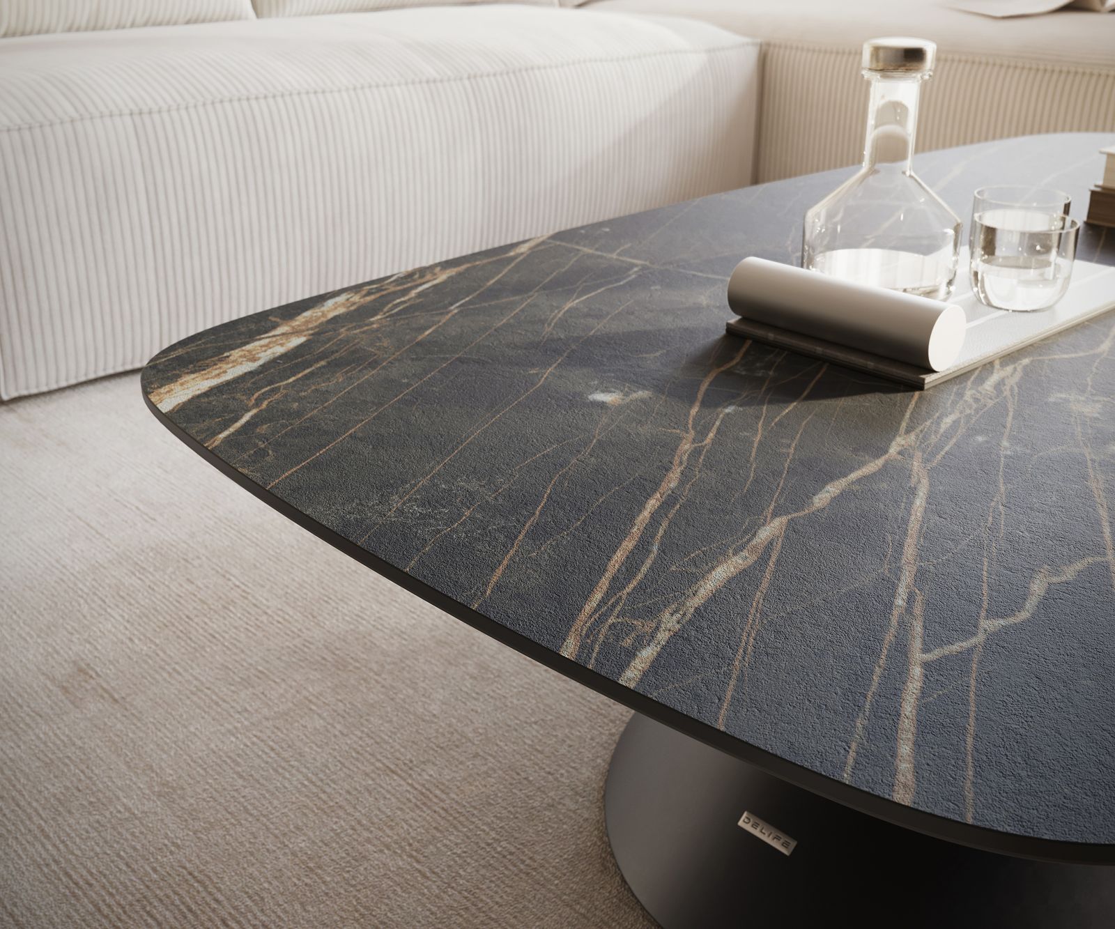 Stolik kawowy Edge w kształcie beczki 120x70 cm ceramika Laminam® Noir Desir brązowy Conis czarny metal 6