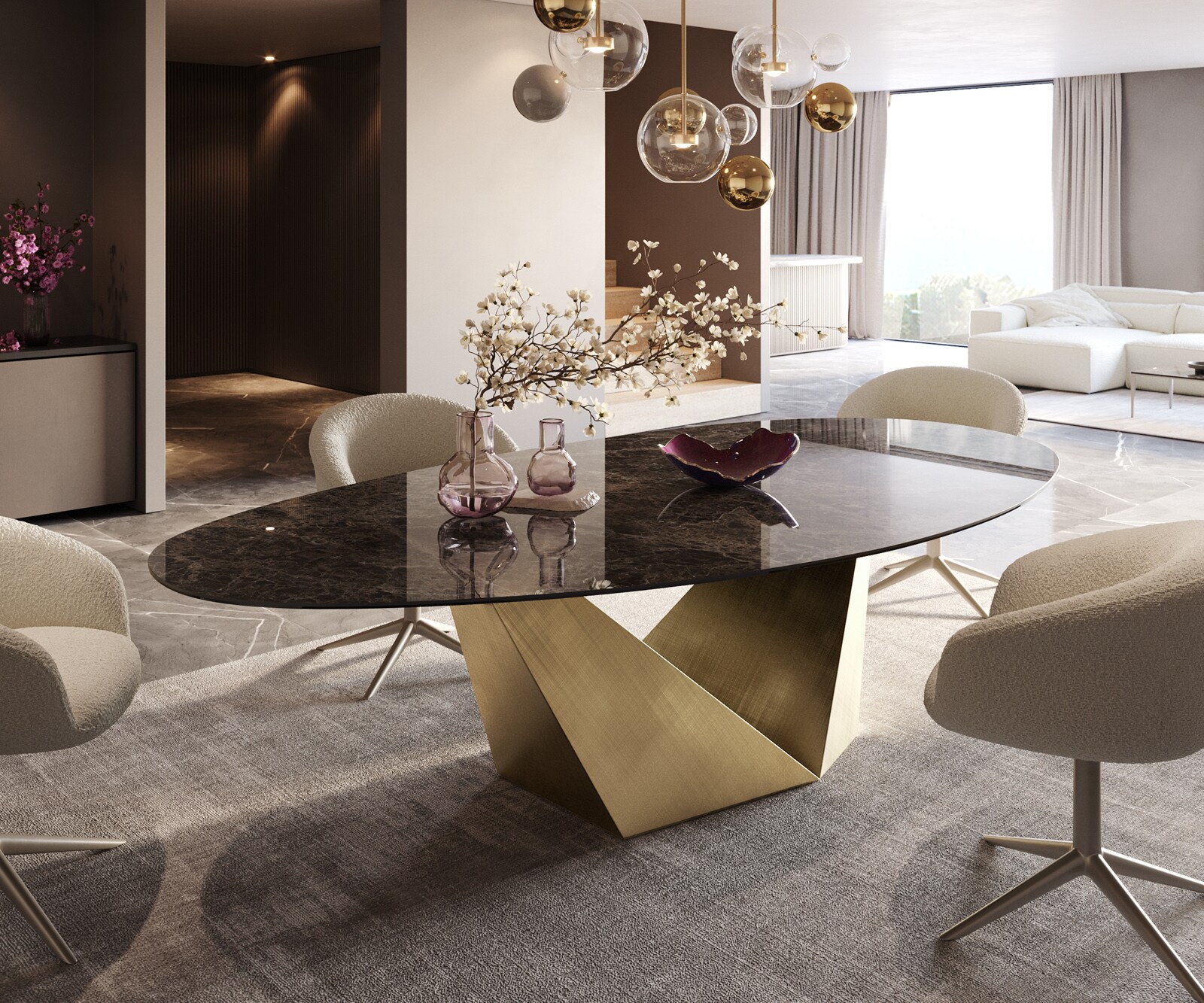 Stół do jadalni Edge owalny 280x130cm ceramika Emperador Extra Lucidato ciemnobrązowy rama Prisma metaliczny złoty 1