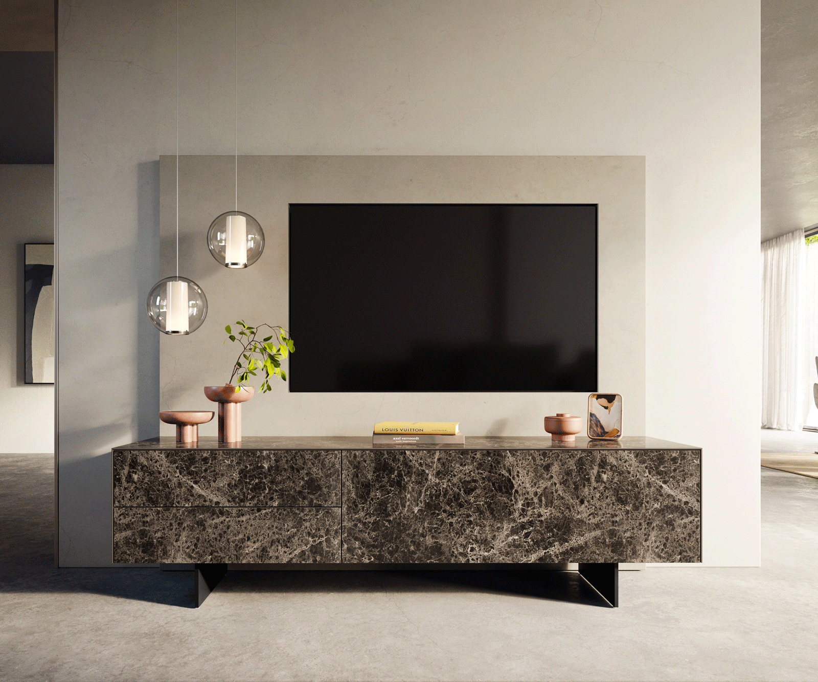 Szafka RTV Cuor 180 cm ceramika Emperador Extra Lucidato ciemnobrązowa 1 klapa 2 szuflady nóżki wąskie czarny metal 2