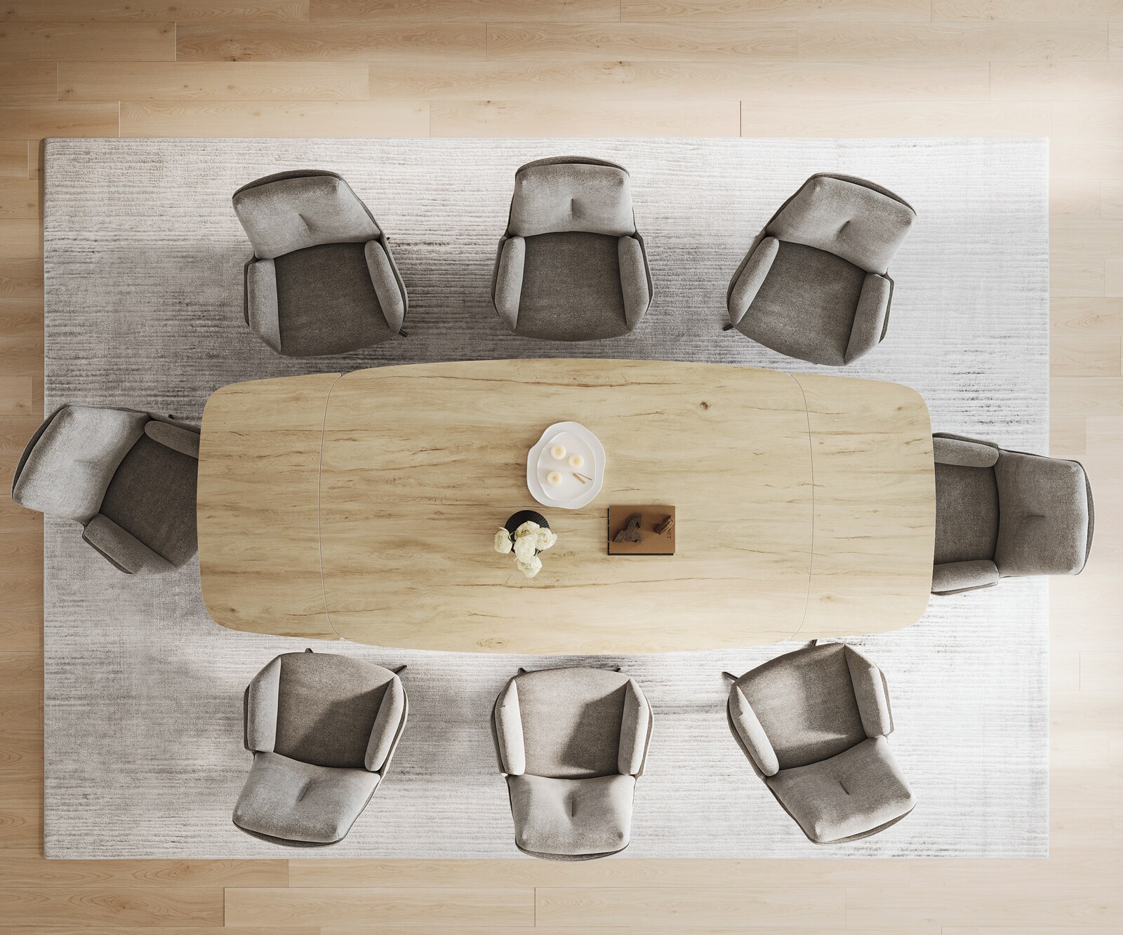 Stół do jadalni Edge w kształcie beczki 200-300x120 cm ceramika Laminam® Sabbia w kolorze dębu rama Spider stal nierdzewna kolor grafitowy rozkładany 5