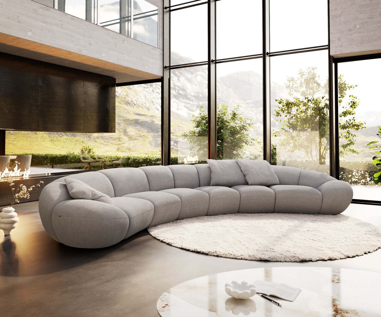Sofa Lunna 470x210 cm miękka tkanina strukturalna szara 3 poduszki