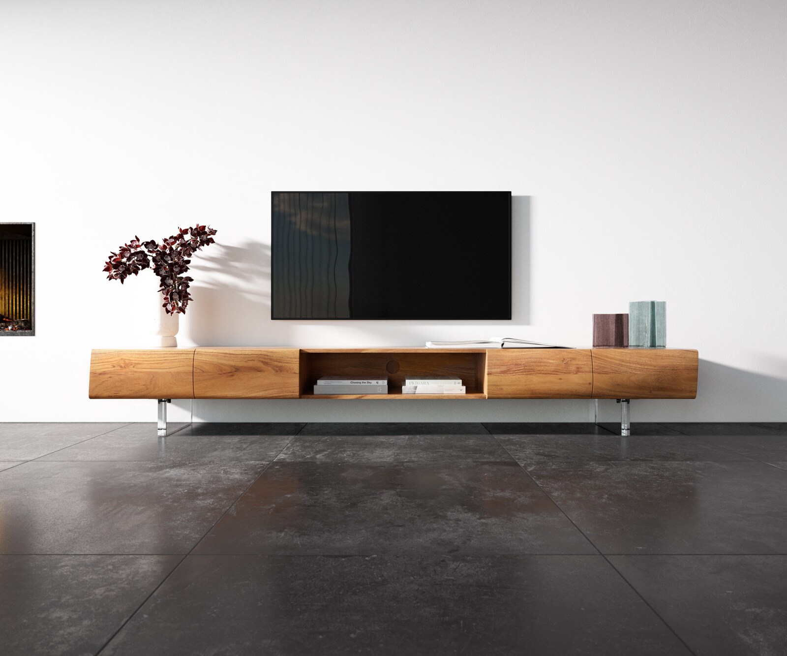 Szafka RTV New Live-Edge 240 cm akacja naturalna 4 drzwi 1 przegroda nóżki akrylowe 3