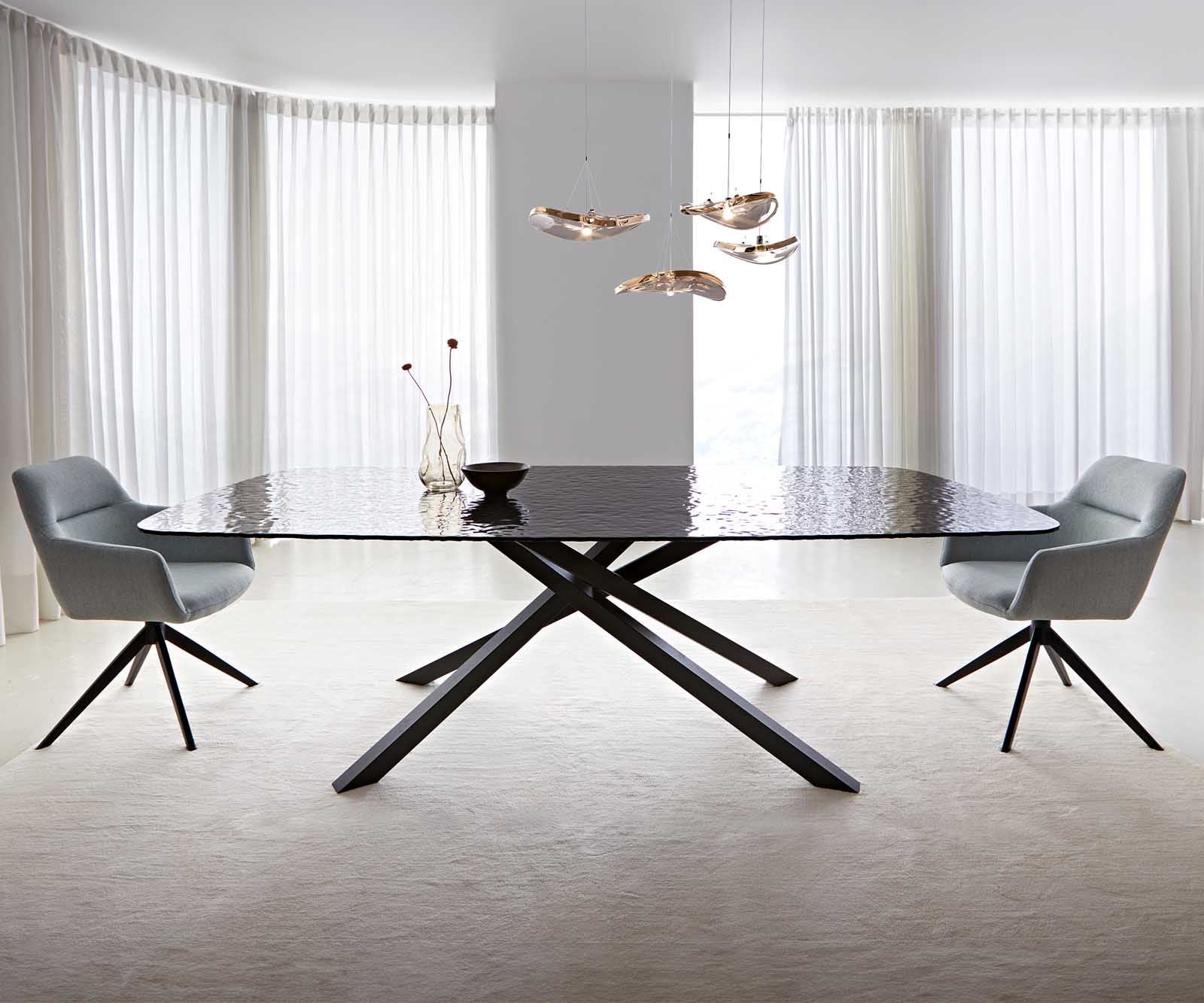 Stół do jadalni Edge kształt beczki 240x120cm szkło reliefowe czarne efekt 3D rama Cross czarna 1