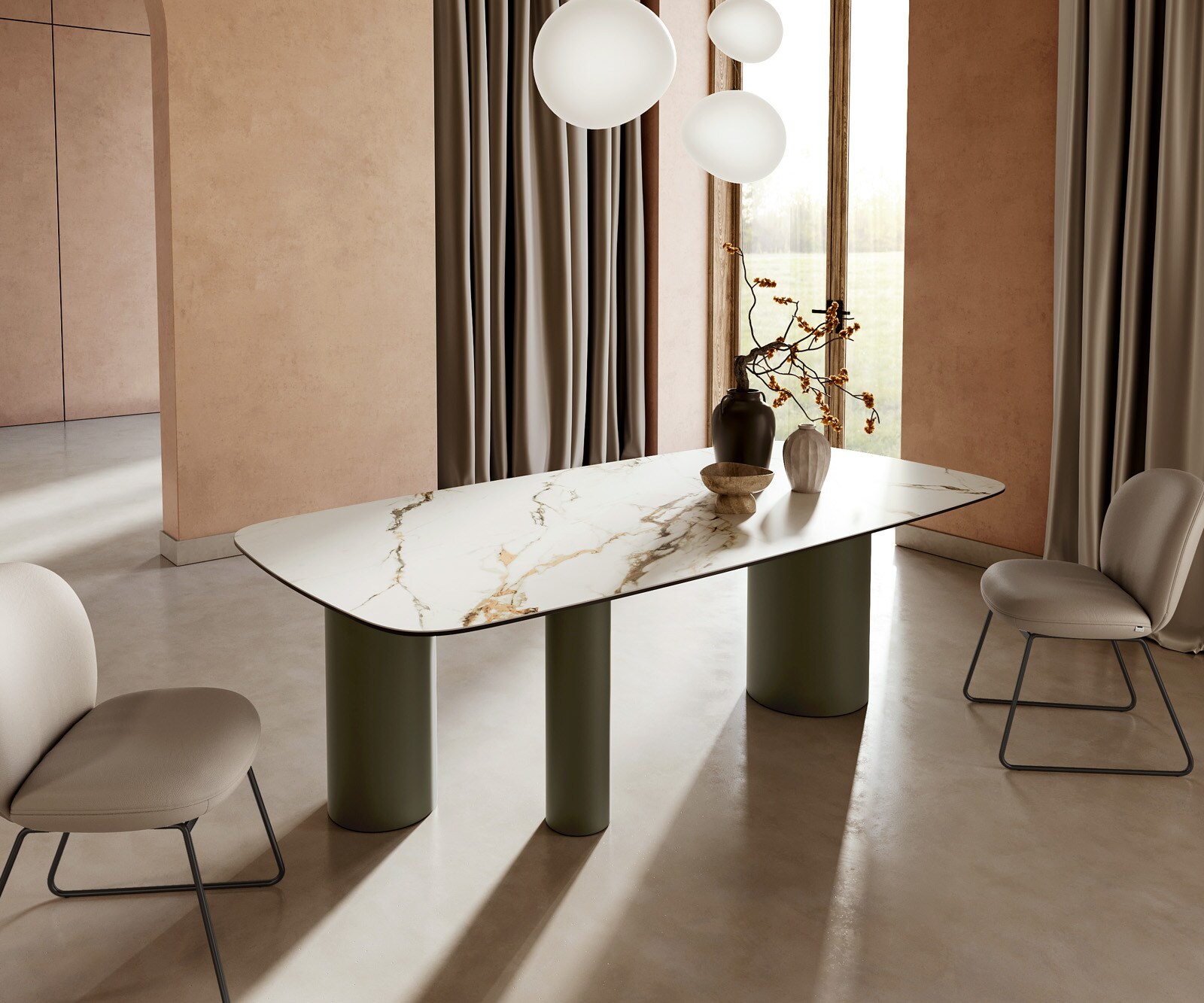 Stół do jadalni Edge kształt beczki 240x120cm ceramika Calacatta Luxe biało-złoto-szary rama Troa metal kolor tytanowy 1