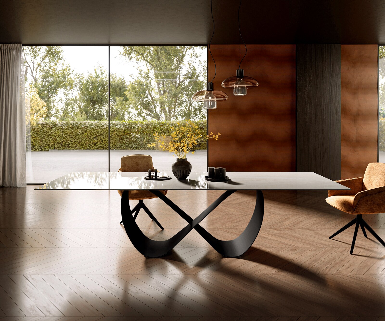 Stół do jadalni Edge 300x100 cm ceramika Onyx Champagne rama Infinity metal czarny 2