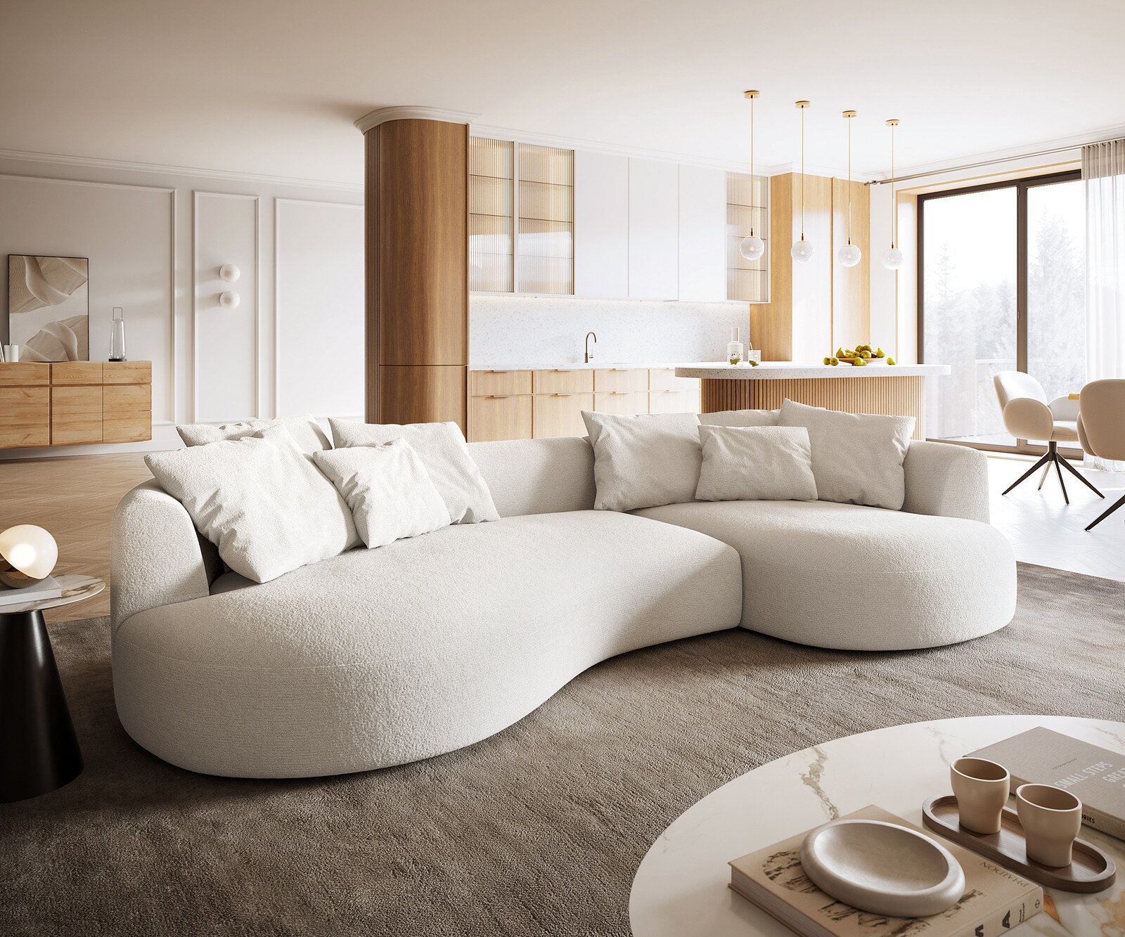 Duża Sofa Edina 330x170 cm miękka tkanina bouclé beżowa
