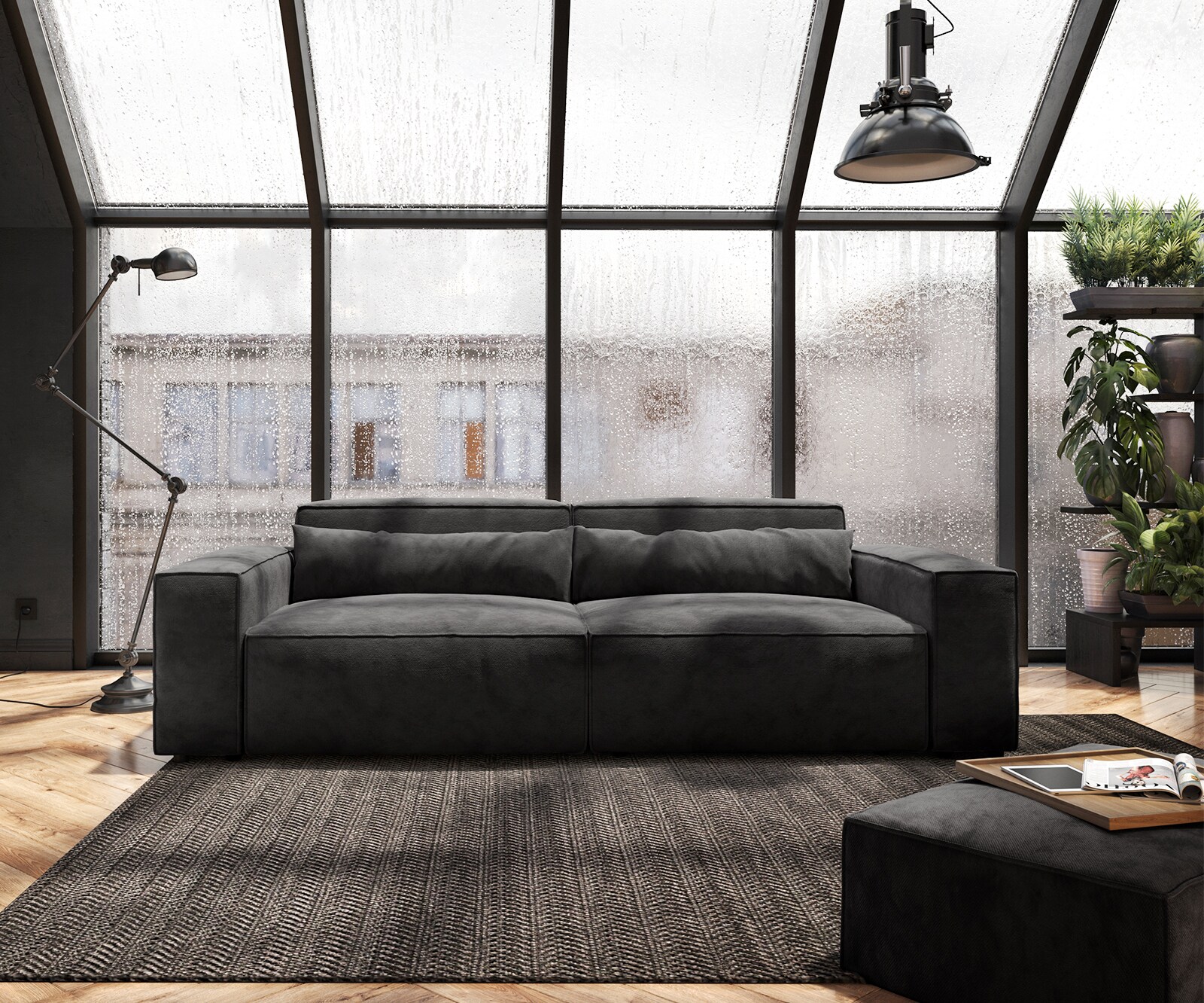 Duża sofa Sirpio 230x95 cm mikrofibra czarna z pufem 1