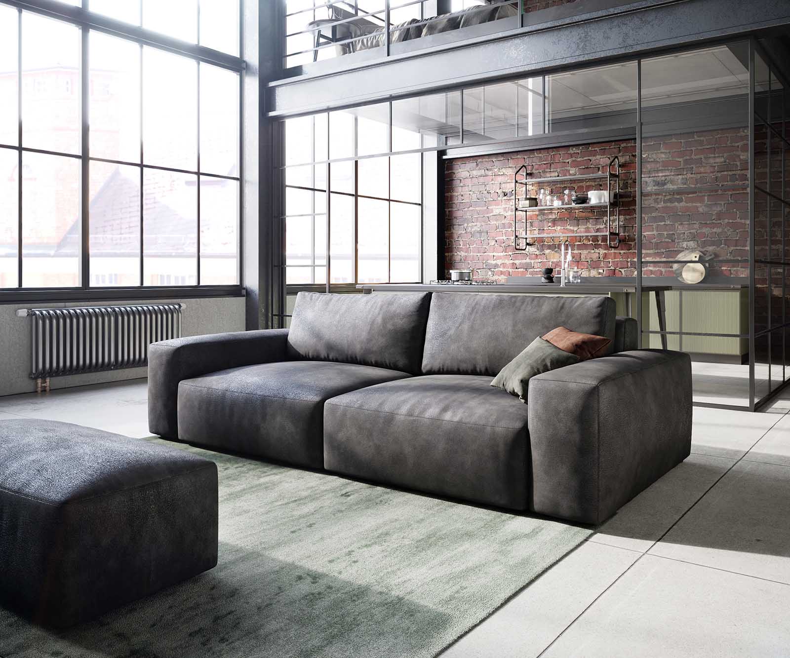 Sofa Lanzo 230x95 cm skóra ekologiczna antracyt vintage z pufemXL