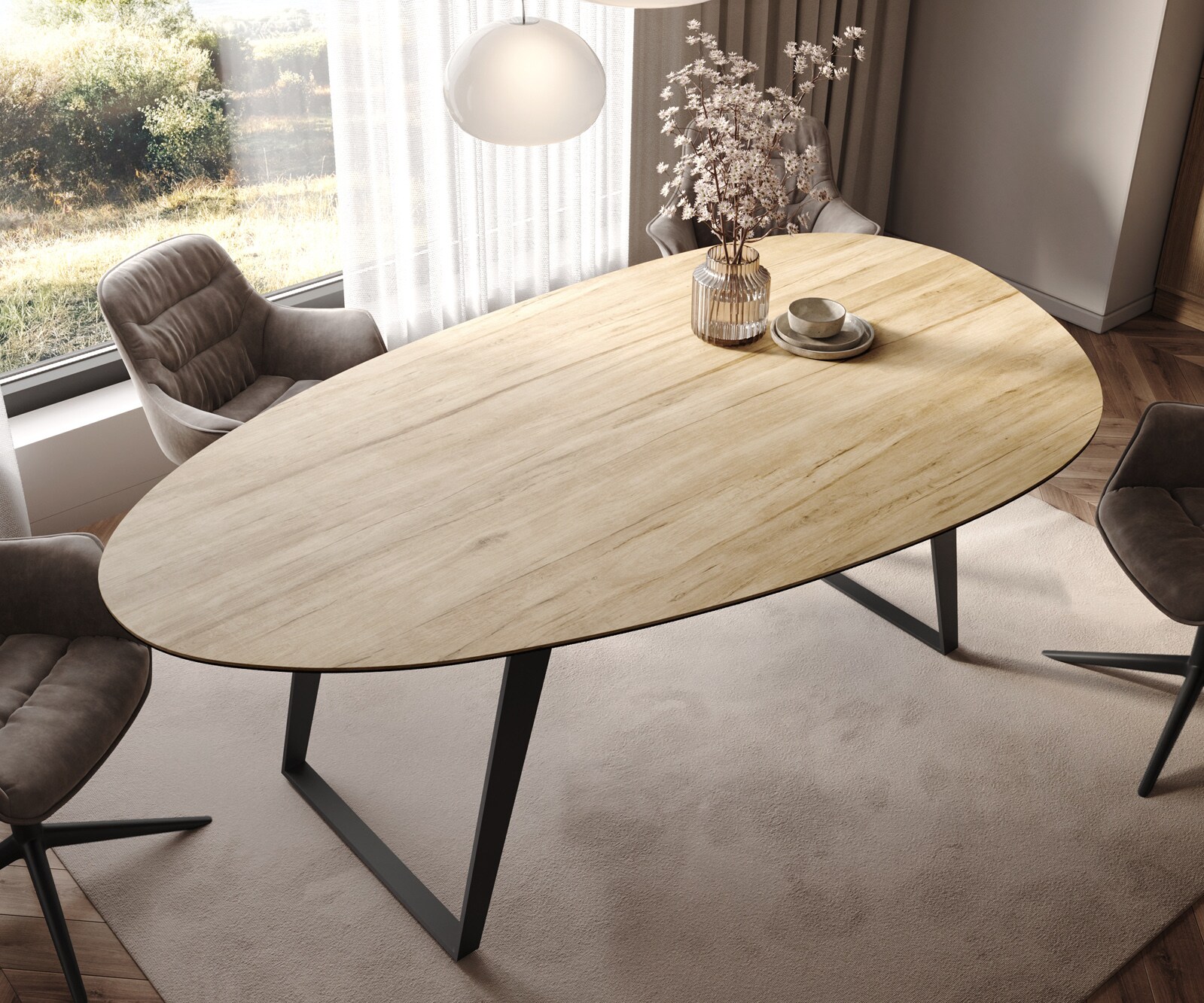 Stół do jadalni Edge owalny 220x120cm ceramika Laminam® Sabbia kolor dębowy rama pochylona metal czarny 3