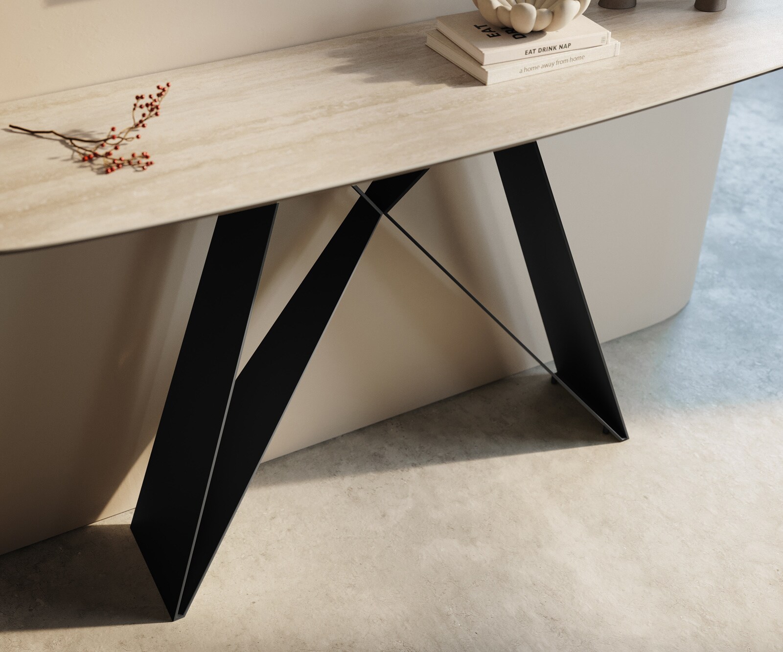 Konsola Edge w kształcie beczki 140x40 cm ceramika Laminam® Travertino Bianco kremowo-biały podstawa Velio metal czarny 6