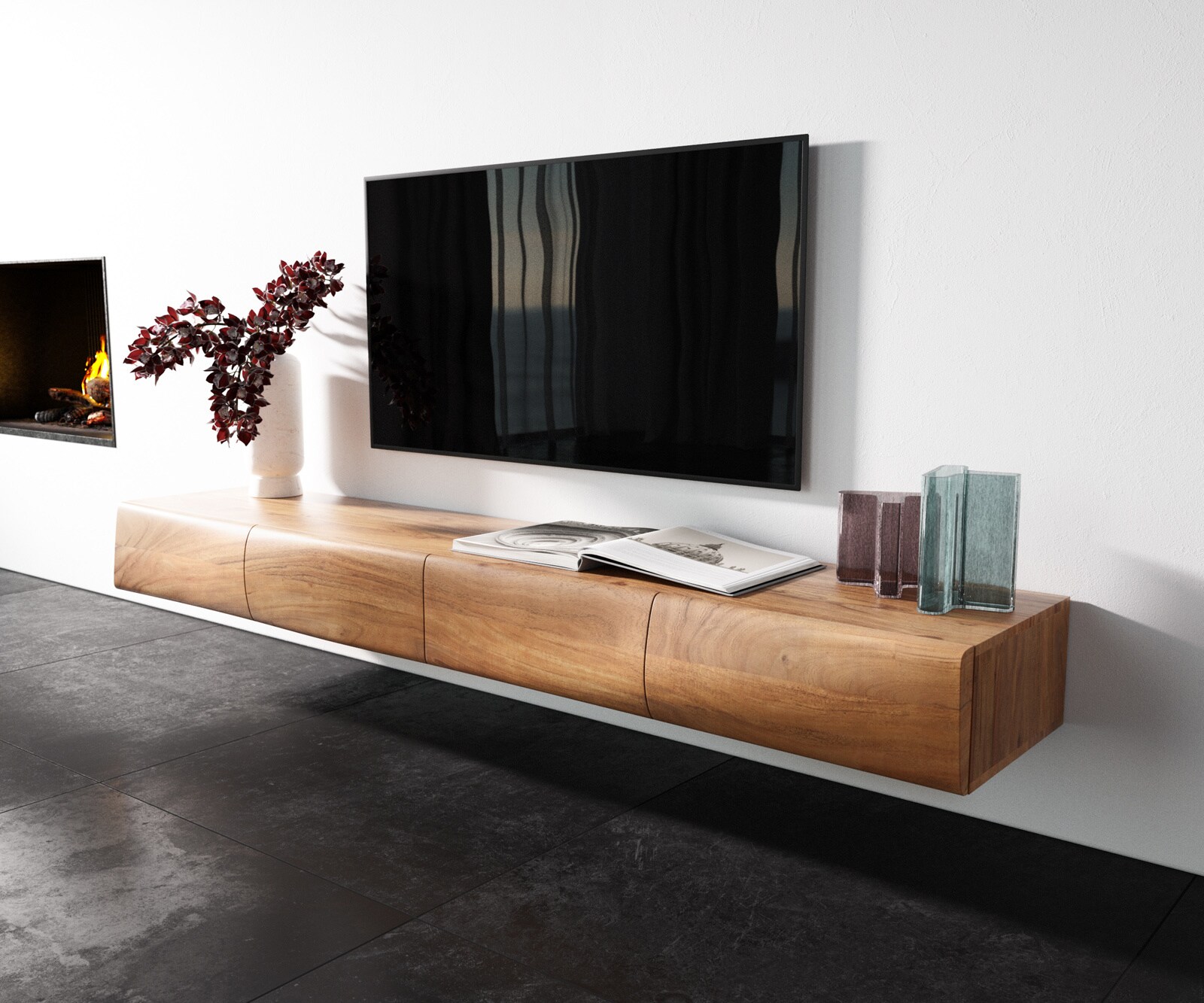 Szafka RTV New Live-Edge 200 cm akacja naturalna 4 drzwi podwieszana