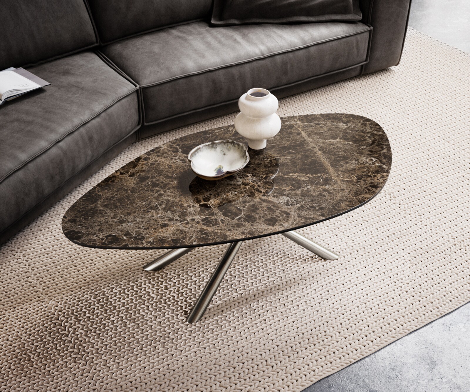 Stolik kawowy Edge kształt organiczny 140x76 cm ceramika Laminam® Emperador Extra Lucidato ciemnobrązowa podstawa Sarity stal nierdzewna szczotkowana 4