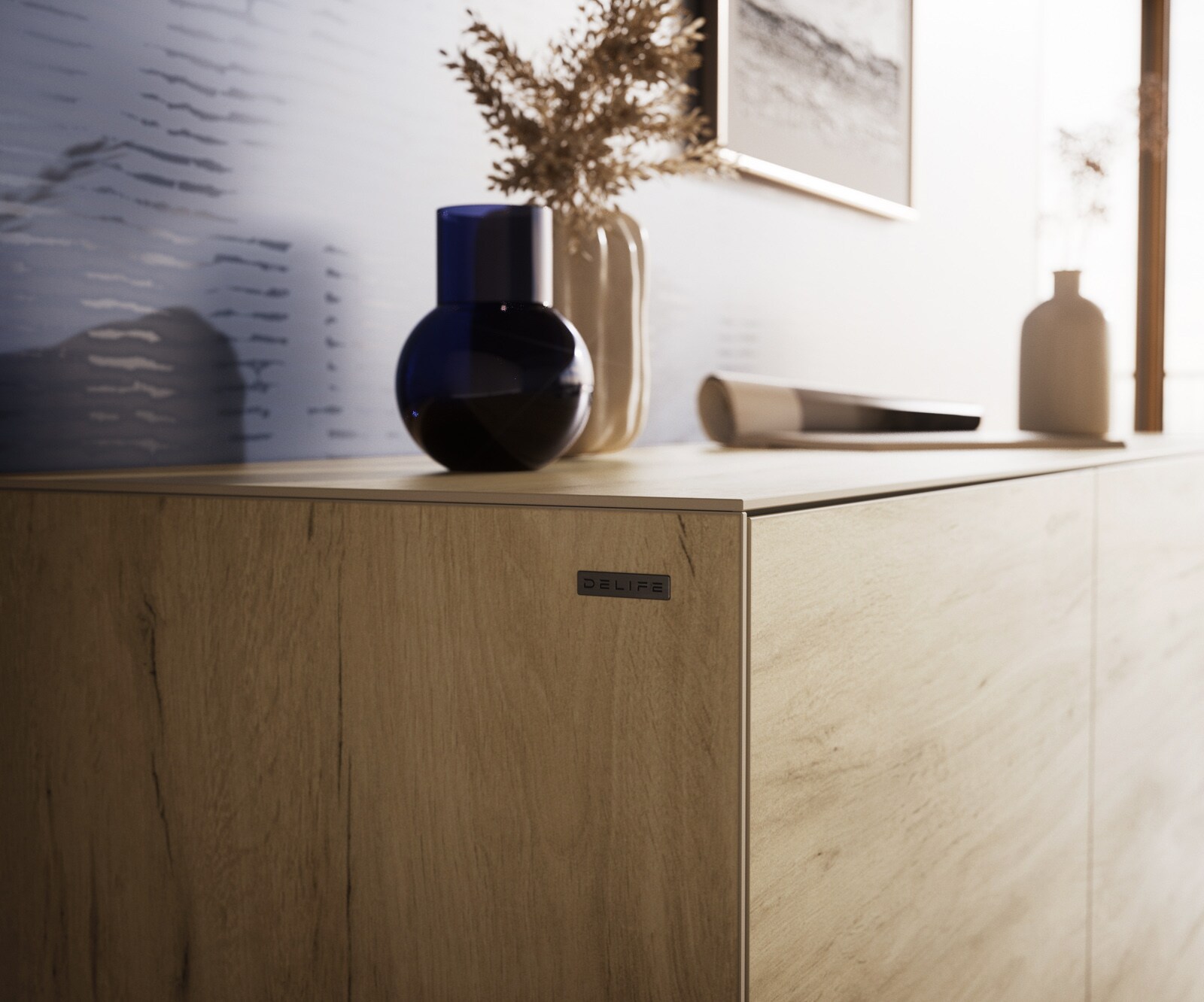 Komoda Cuor 150 cm ceramika Laminam® Sabbia (kolor dębu) 3 drzwi nóżki wąskie czarny metal 7