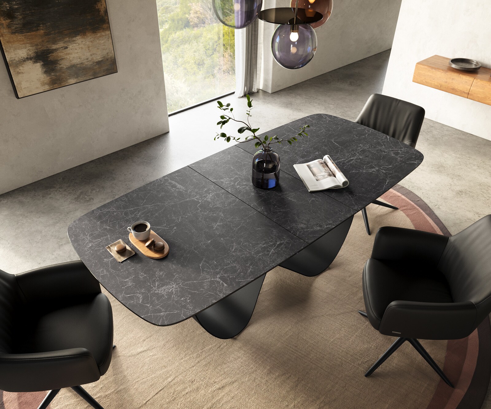 Stół do jadalni Edge w kształcie beczki 180-220x100 cm ceramika Laminam® Nero Greco Anthrazit rama Infinity metal czarny rozkładany 4