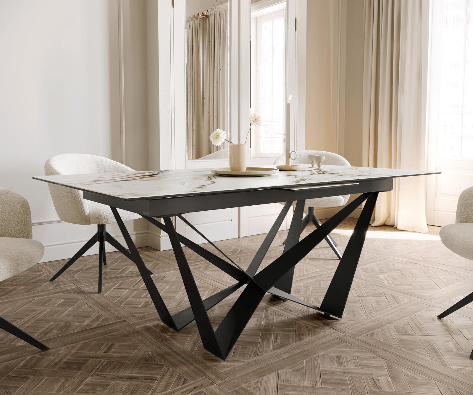Stół do jadalni Edge 180-220x100 cm ceramika Calacatta Luxe biało-złoto-szary rama Spider metal czarna rozkładany 5