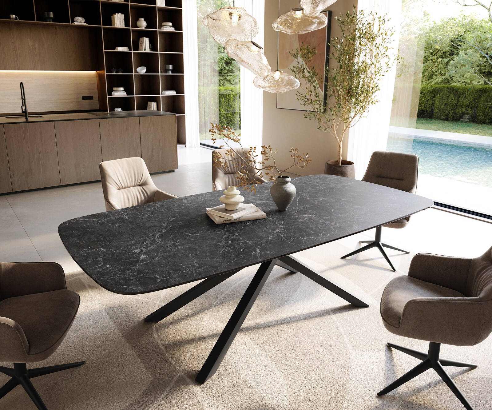 Stół do jadalni Edge w kształcie beczki 240x120 ceramika Laminam® Nero Greco antracytowa rama Cross czarna 1