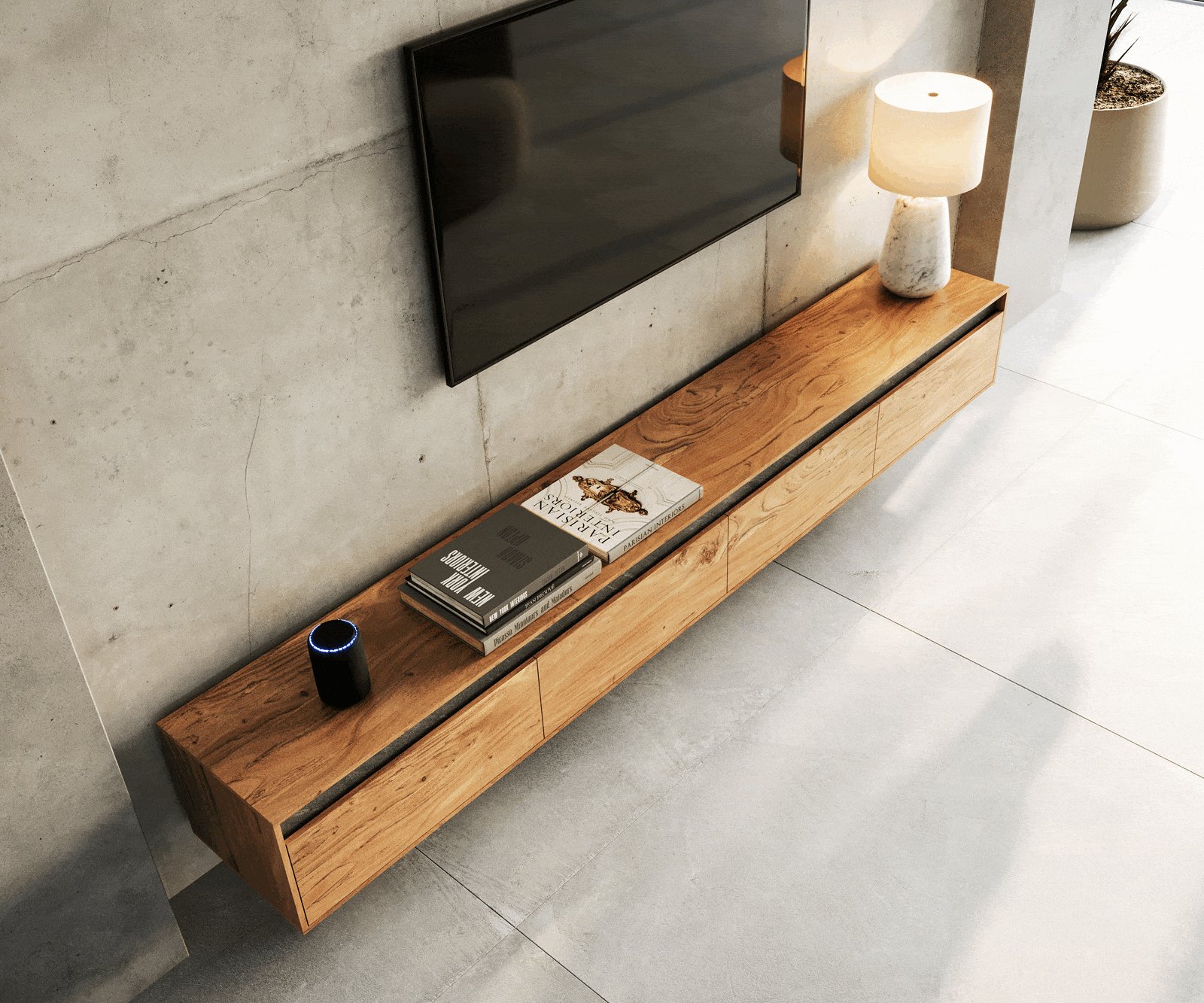 Szafka RTV Stonegrace 240 cm akacja naturalna łupek 4 drzwi podwieszana 3