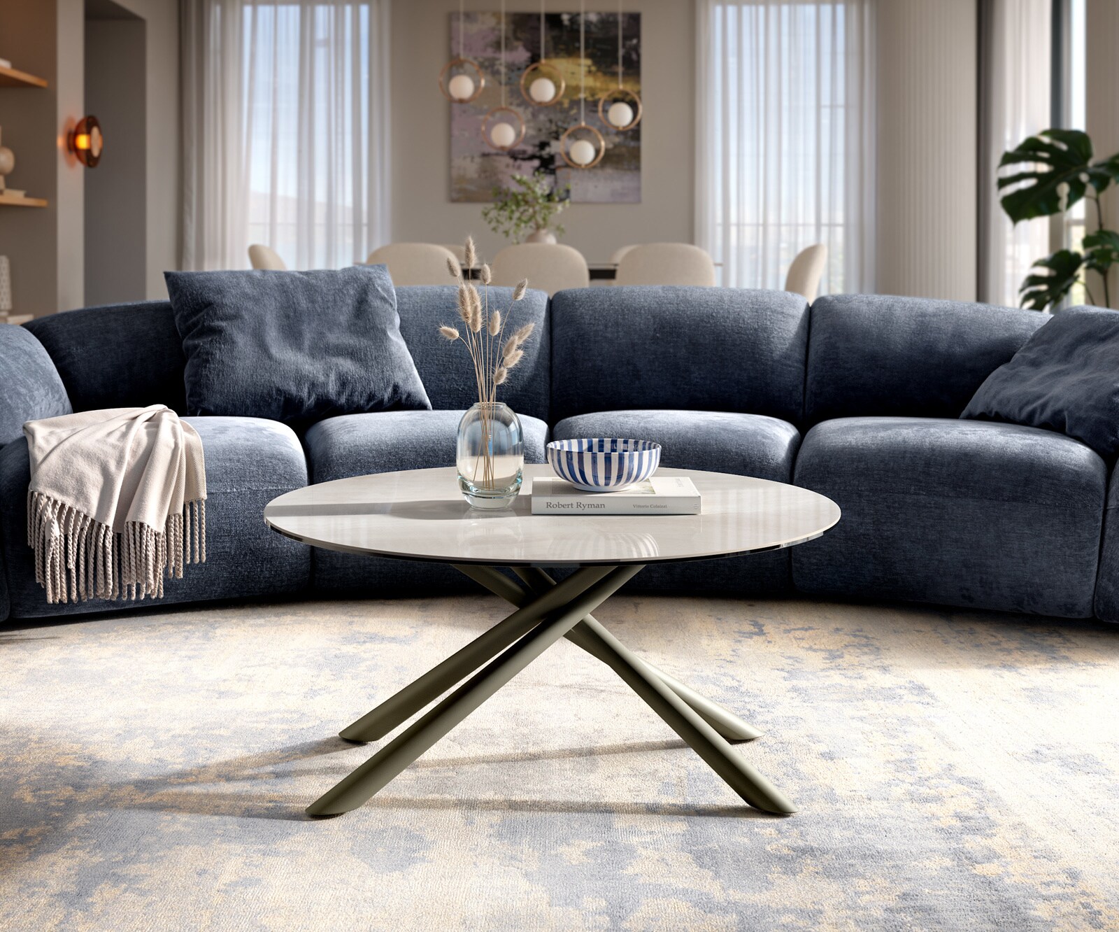 Stolik kawowy Edge okrągły 90x90 cm ceramika Onyx Champagne podstawa Sarity metal w kolorze tytanu 2