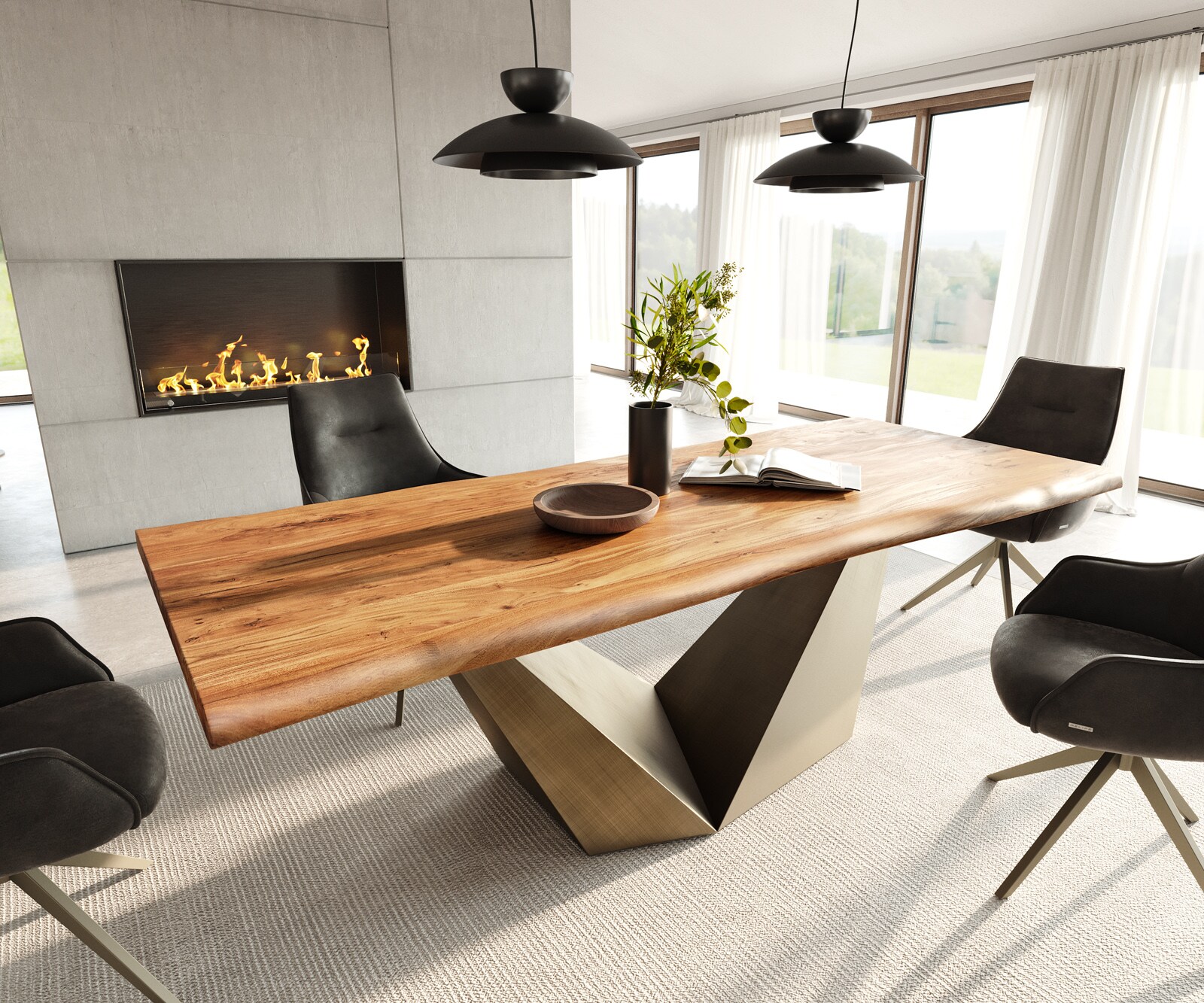 Stół do jadalni Edge 240x100 cm akacja naturalna rama Prisma metaliczny złoty live-edge