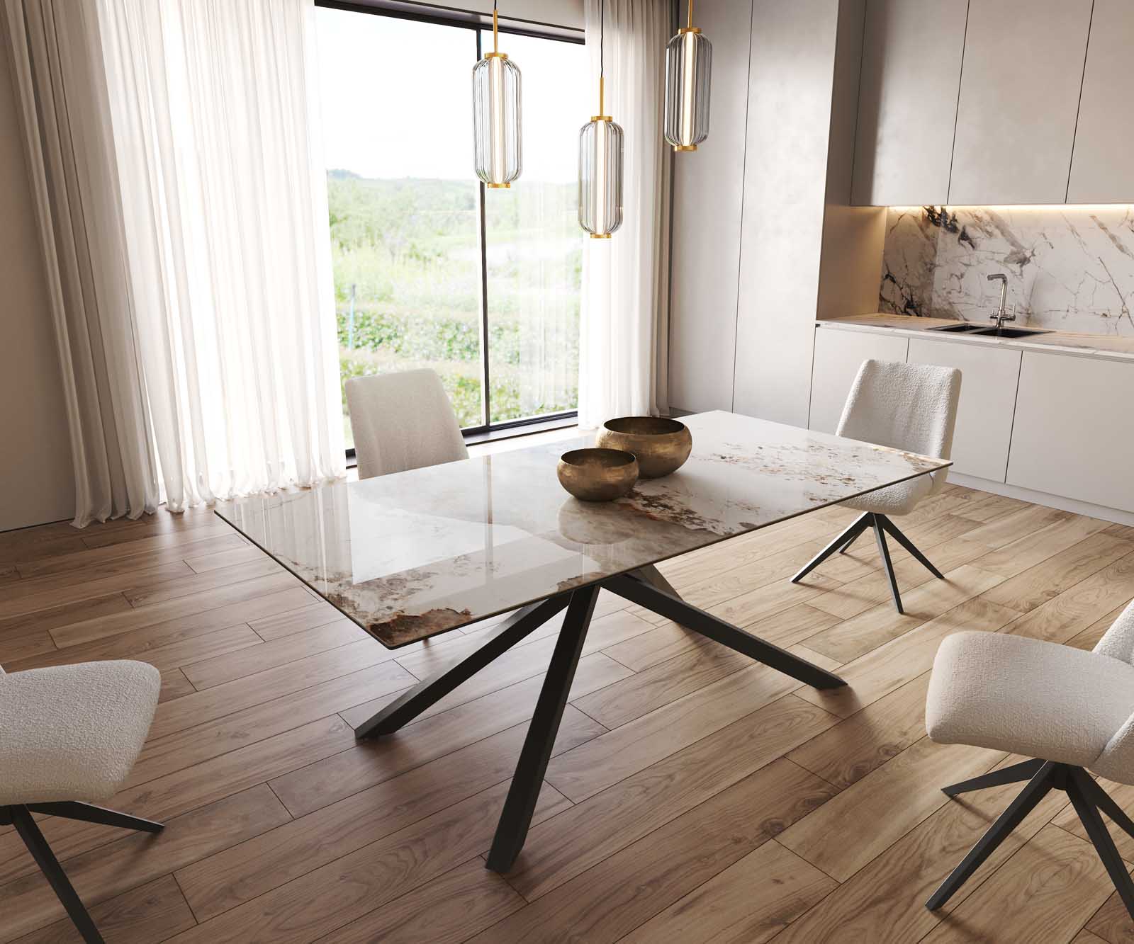 Stół do jadalni Edge 200x100 cm ceramika Minas Melange biało-beżowy rama Cross czarna
