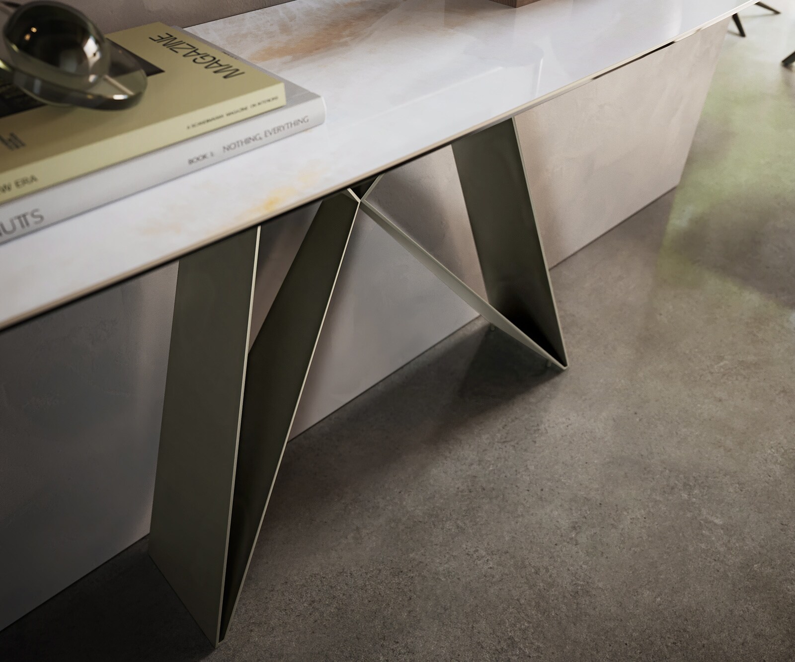 Konsola Edge w kształcie beczki 180x40 cm ceramika Onyx Pearl podstawa Velio metal w kolorze tytanu 6