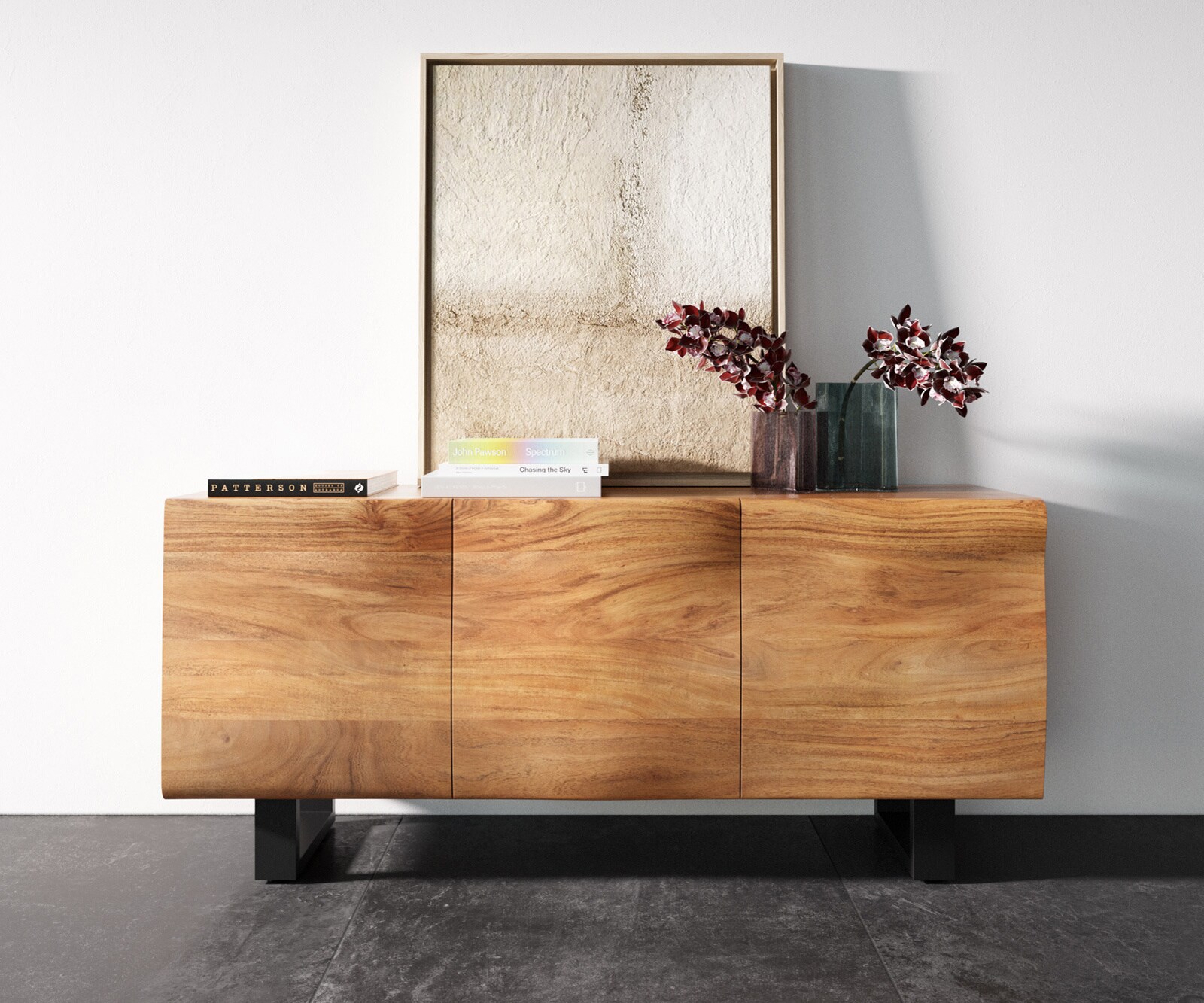 Komoda New Live-Edge 145 cm akacja naturalna 3 drzwi nóżki płozowe czarny metal 4
