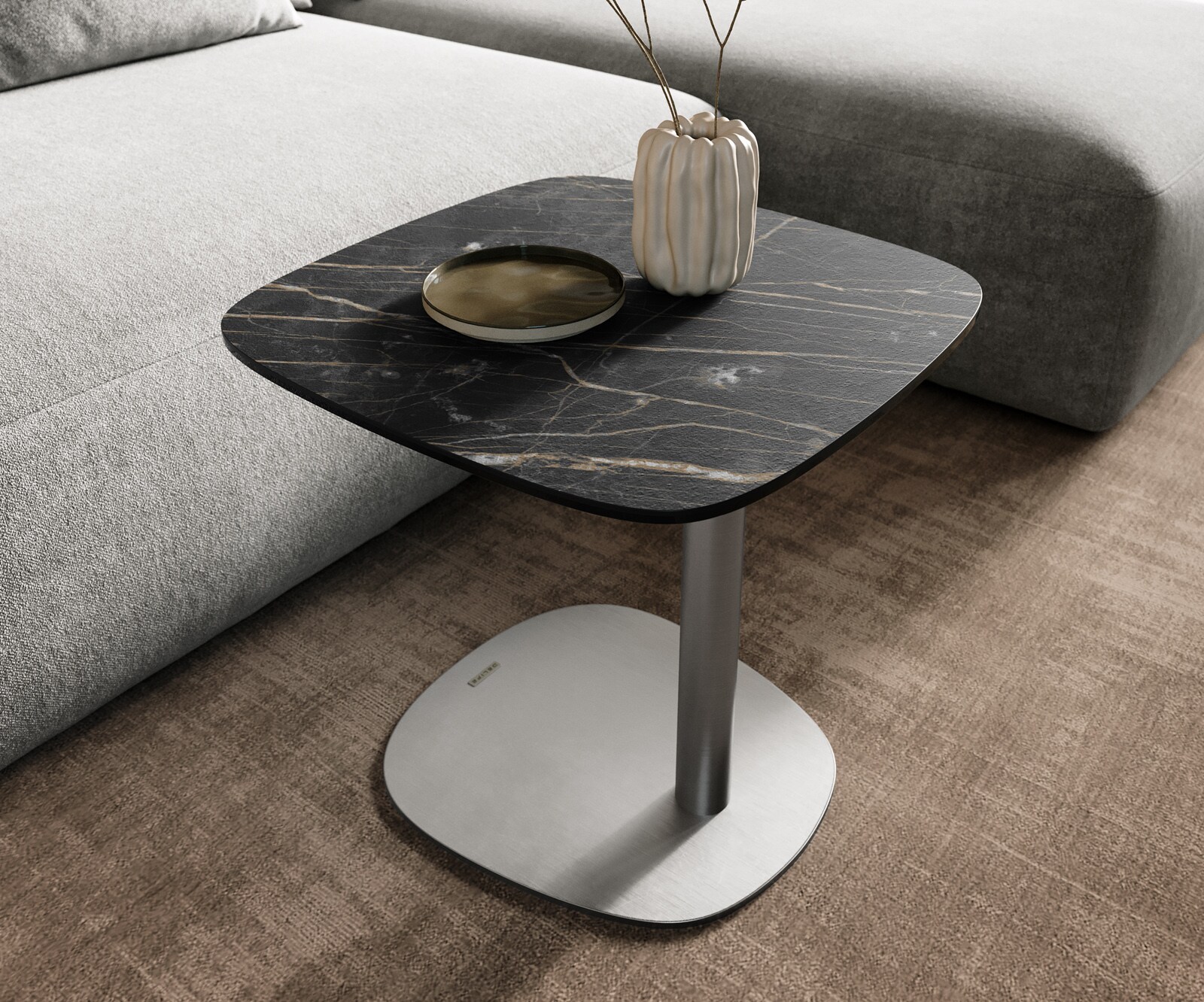 Stolik kawowy Edge w kształcie beczki 50x50 cm Laminam® Noir Desir brązowy podstawa Eleny stal nierdzewna szczotkowana 5