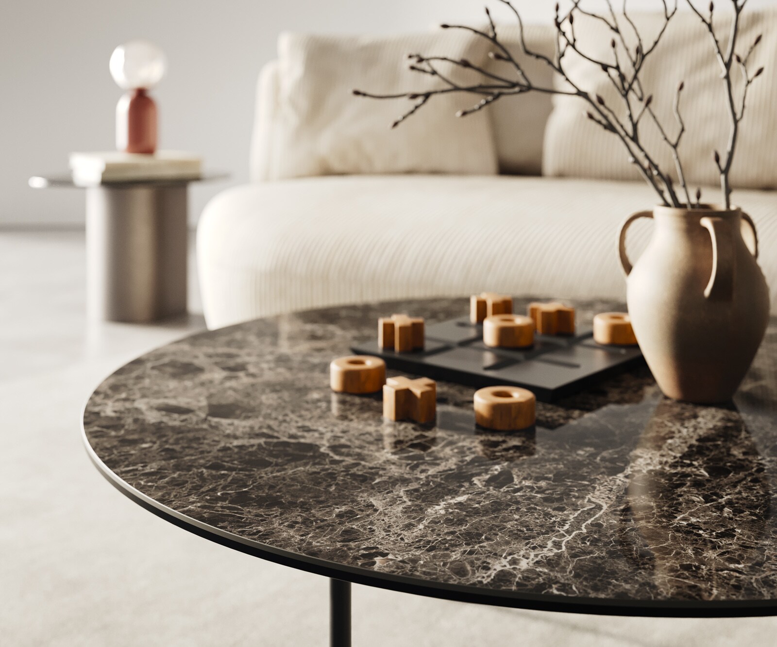Stolik kawowy Edge okrągły 90x90 cm ceramika Laminam® Emperador Extra Lucidato brązowa podstawa Trive metal czarny 6