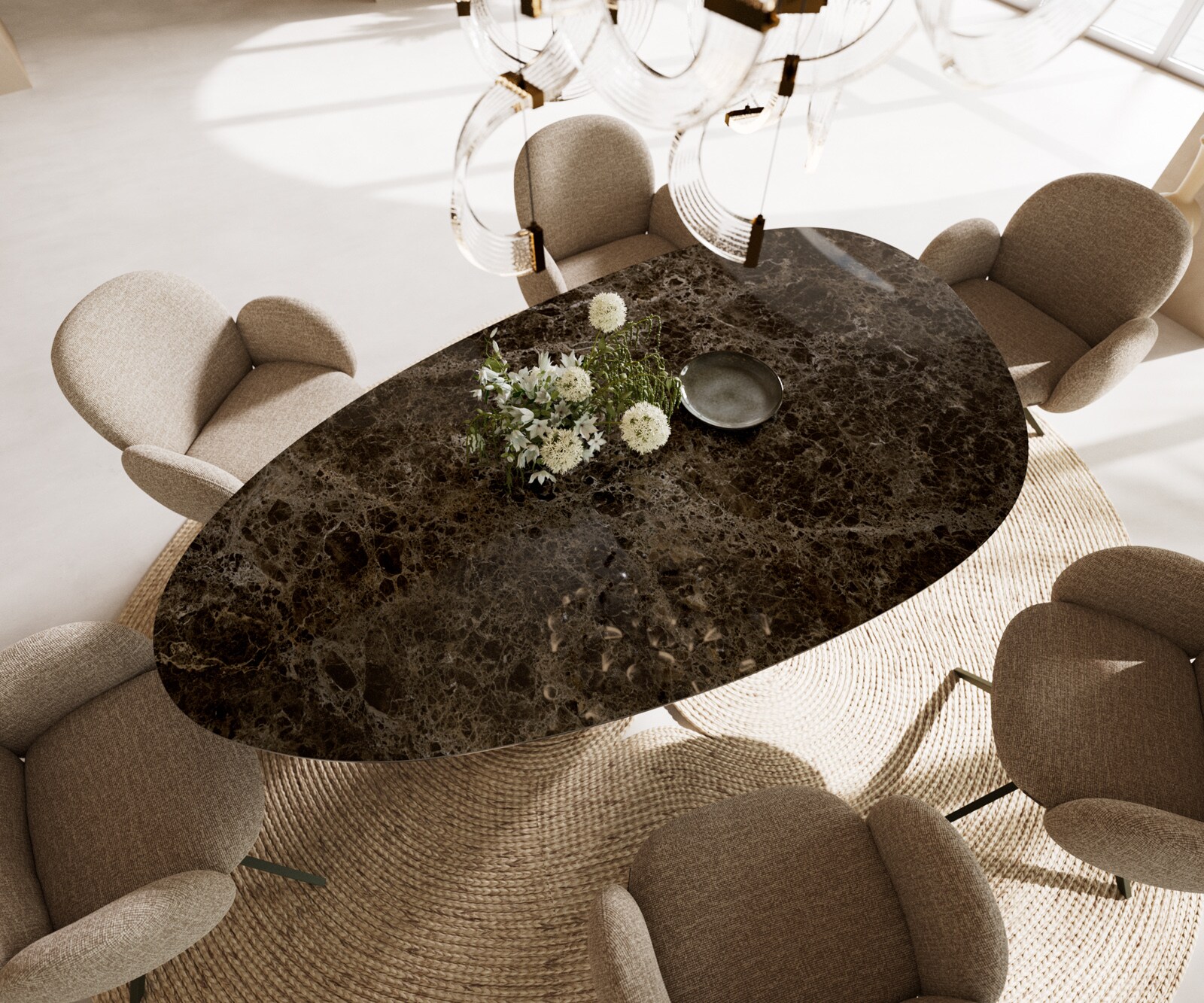 Stół do jadalni Edge owalny 220x120cm ceramika Laminam® Emperador Extra Lucidato ciemnobrązowy rama Troa metal kolor tytanowy 1
