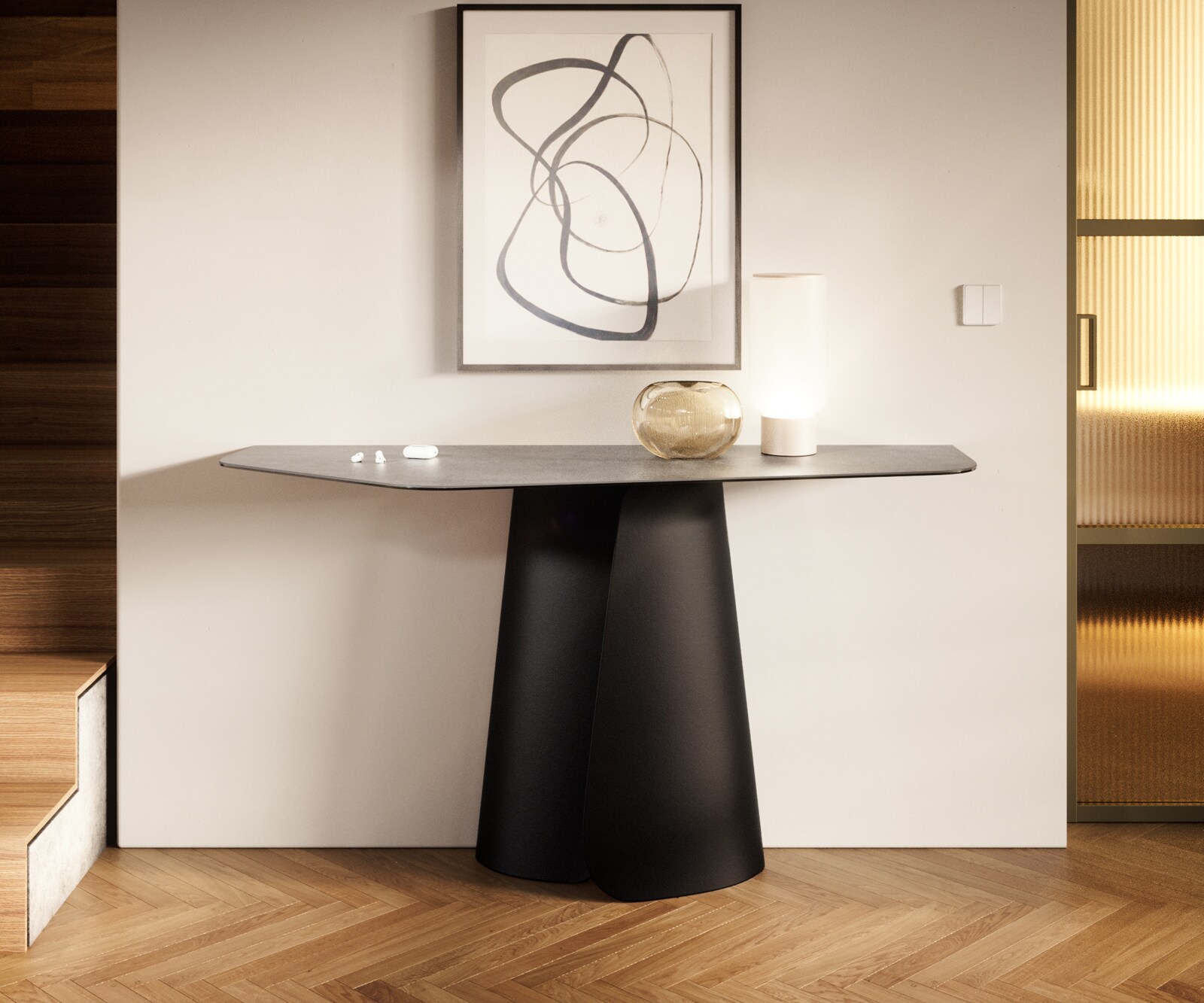 Konsola Edge wielokątna 140x50 cm ceramika w kolorze betonowej szarości podstawa Livos metal czarny 4