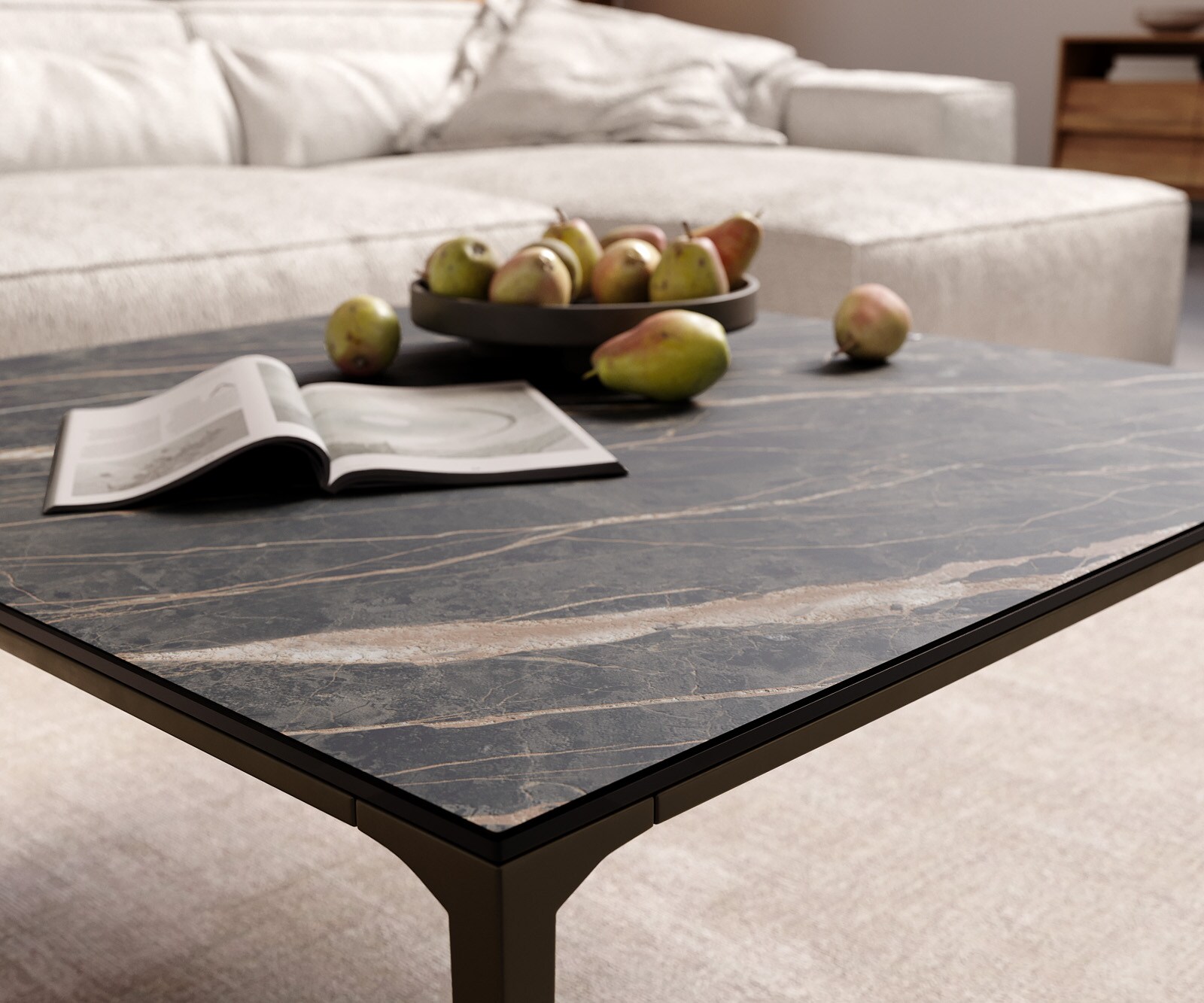 Stolik kawowy Levente 85x85cm ceramika Laminam® Noir Desir brązowy rama metal kolor tytanowy 5