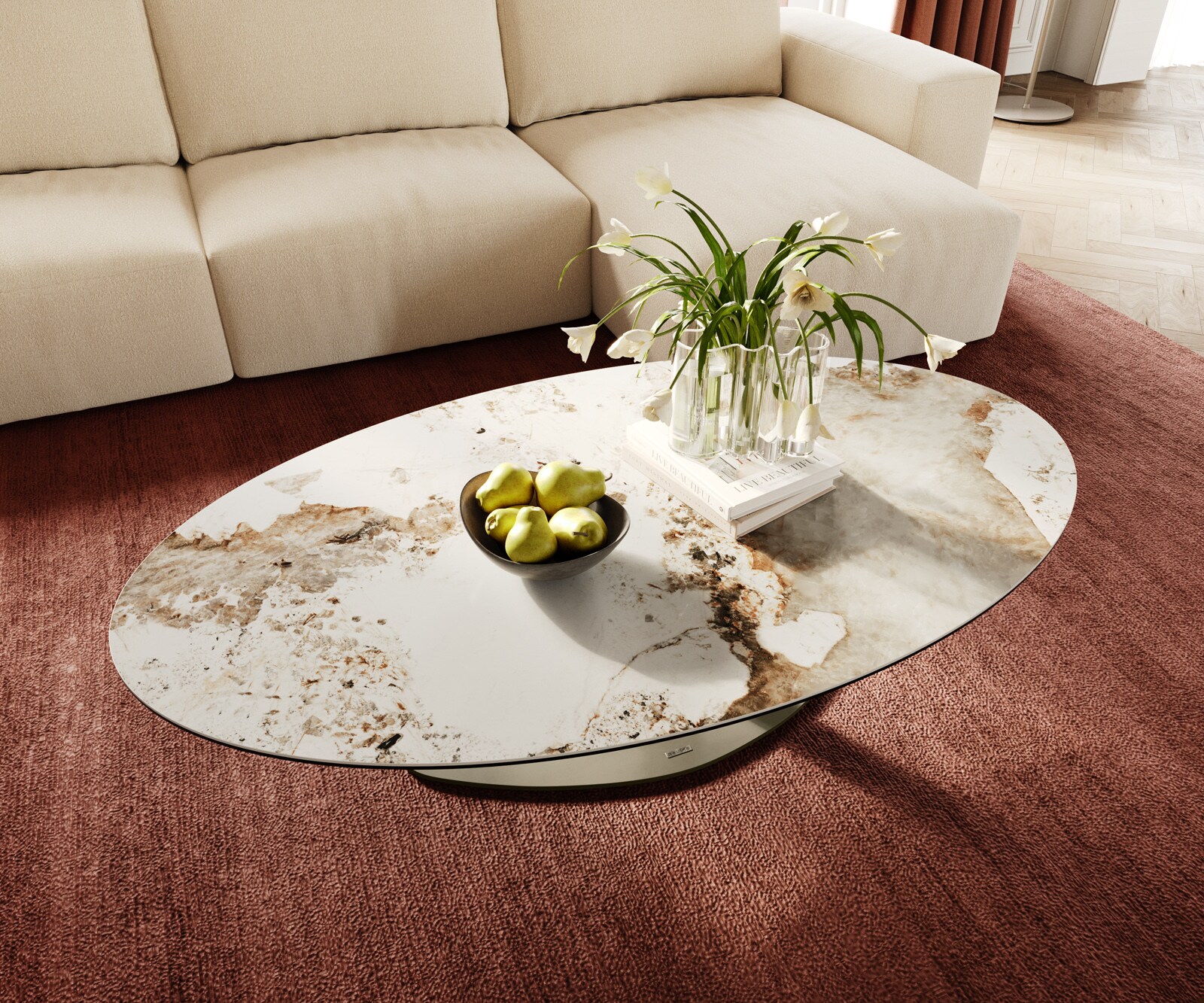 Stolik kawowy Edge owalny 140x80 cm ceramika Minas Melange Vibany wykończenie tytanowe 4