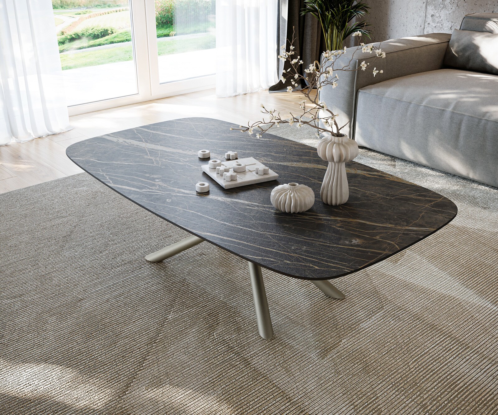 Stolik kawowy Edge w kształcie beczki 140x80 cm ceramika Laminam® Noir Desir brązowy Sarity wykończenie tytanowe 4