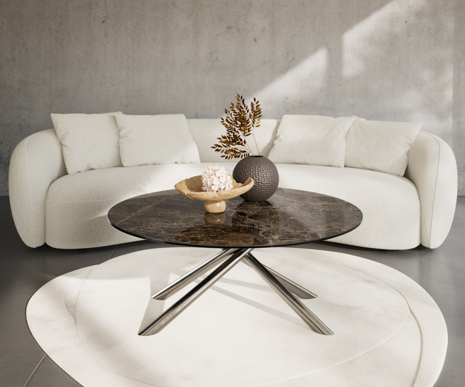 Stolik kawowy Edge okrągły 100x100 cm ceramika Laminam® Emperador Extra Lucidato ciemnobrązowa podstawa Sarity stal nierdzewna szczotkowana 2