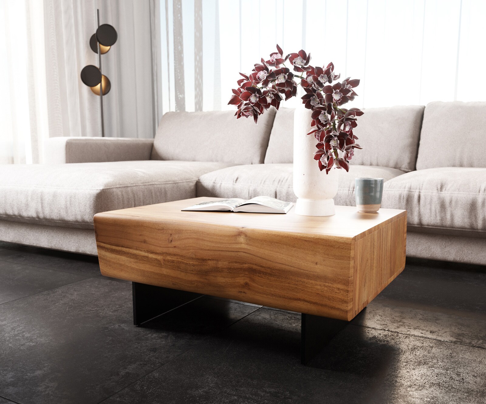 Stolik kawowy New Live-Edge 80x60cm akacja naturalna 2 szuflady nóżki wąskie metal czarny 3