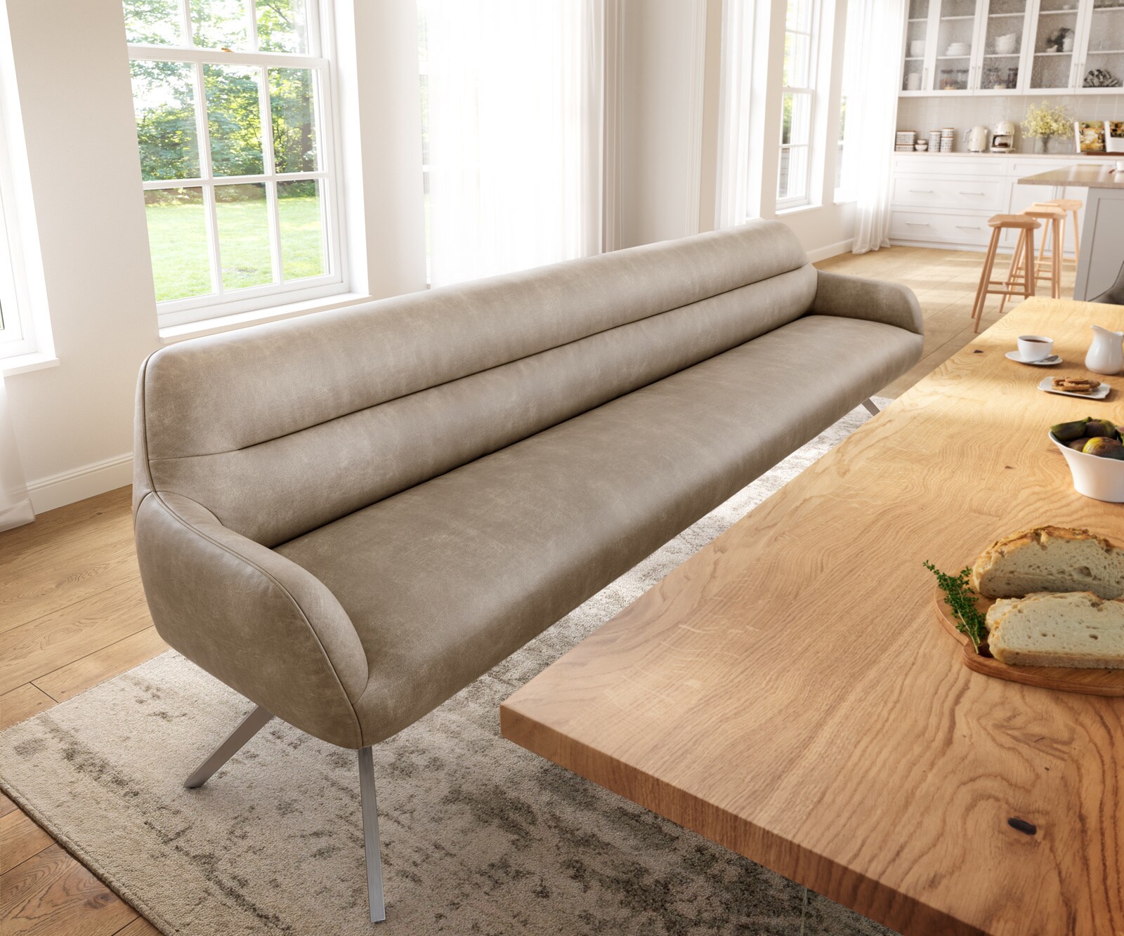 Ławka do jadalni Taya-Flex 300 cm mikrofibra beżowy vintage podstawa krzyżowa kątowa stal nierdzewna sprężyny kieszeniowe 1