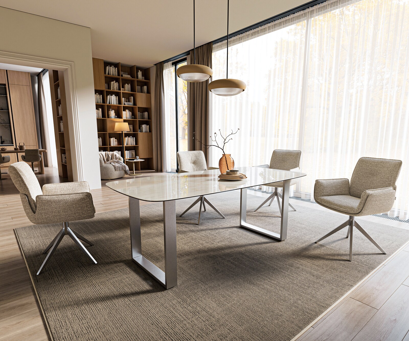 Stół do jadalni Edge w kształcie beczki 200x100 cm ceramika Onyx Champagne stal nierdzewna rama szeroka 6