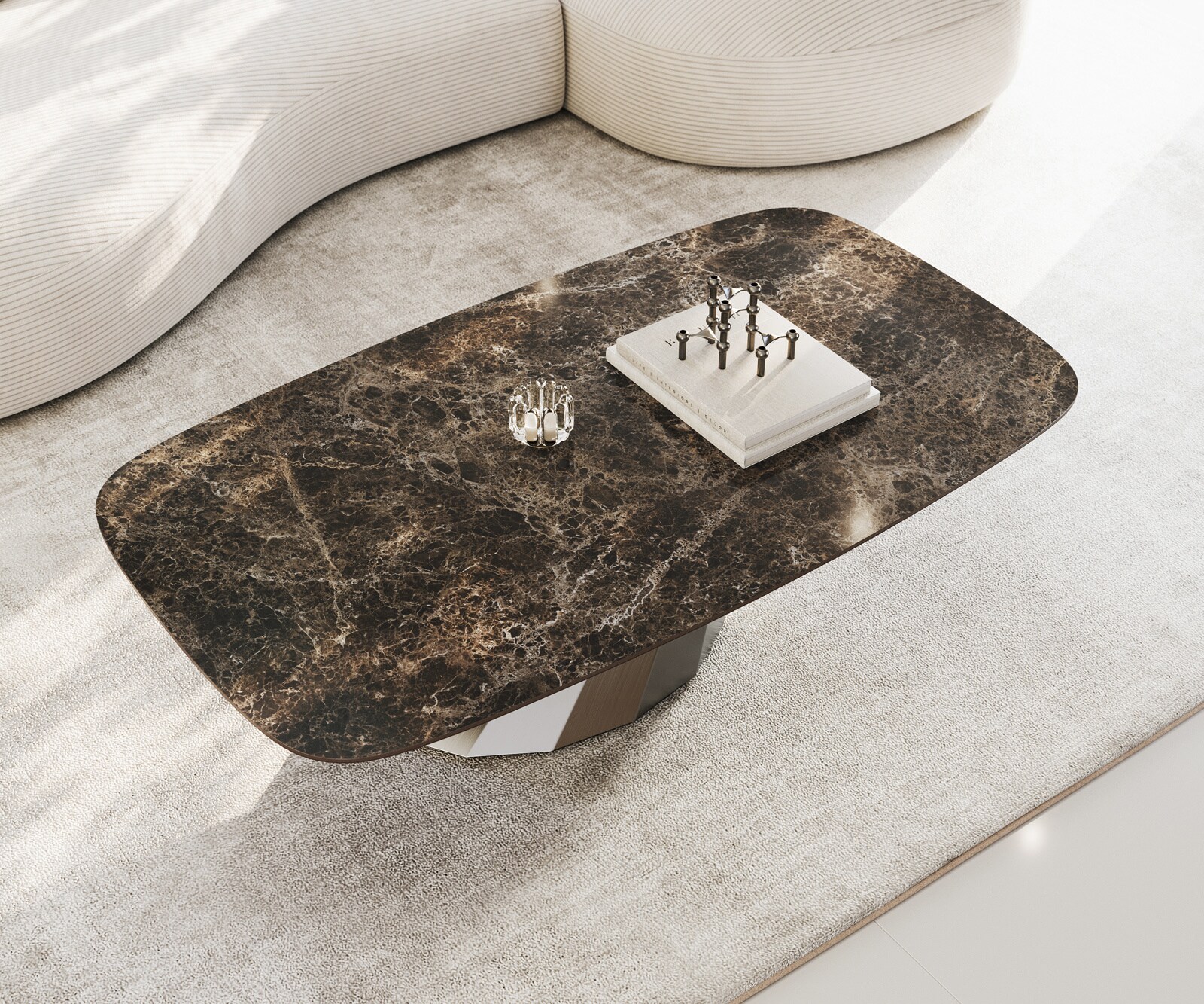 Stolik kawowy Edge w kształcie beczki 140x80 cm ceramika Laminam® Emperador Extra Lucidato ciemnobrązowa podstawa Parabi stal nierdzewna szczotkowana 4