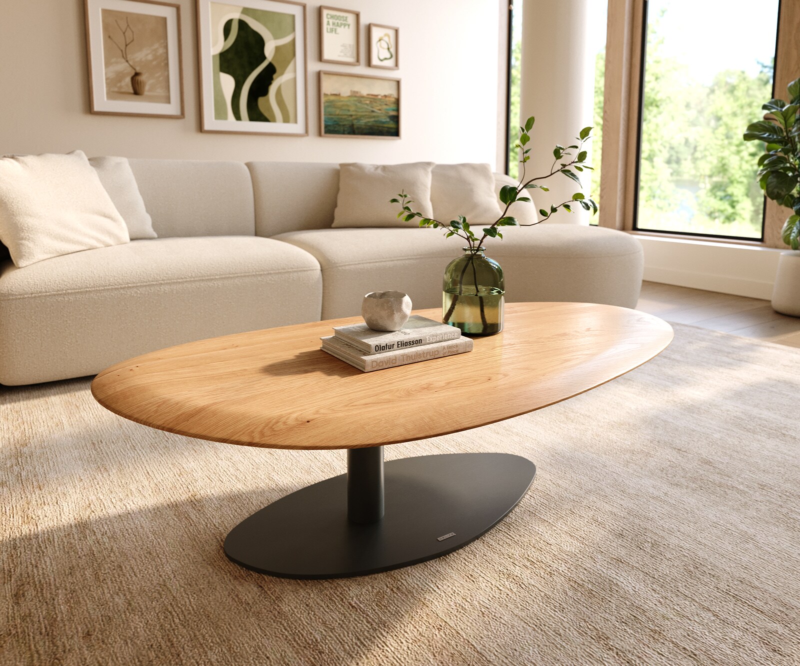 Stolik kawowy Edge owalny 140x75 cm dąb naturalny zaokrąglona krawędź Vibany czarny metal