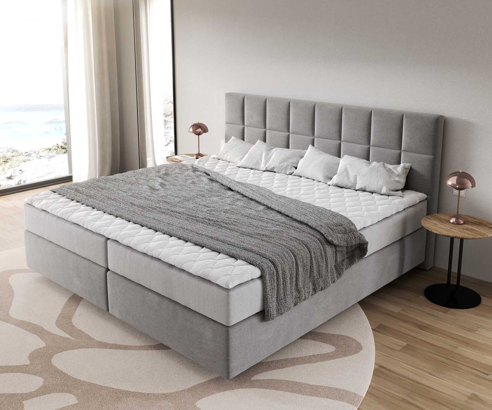 Łóżko kontynentalne Dream-Fine mikrofibra szara 200x200cm z materacem ze sprężynami kieszeniowymi i topperem Visco 3