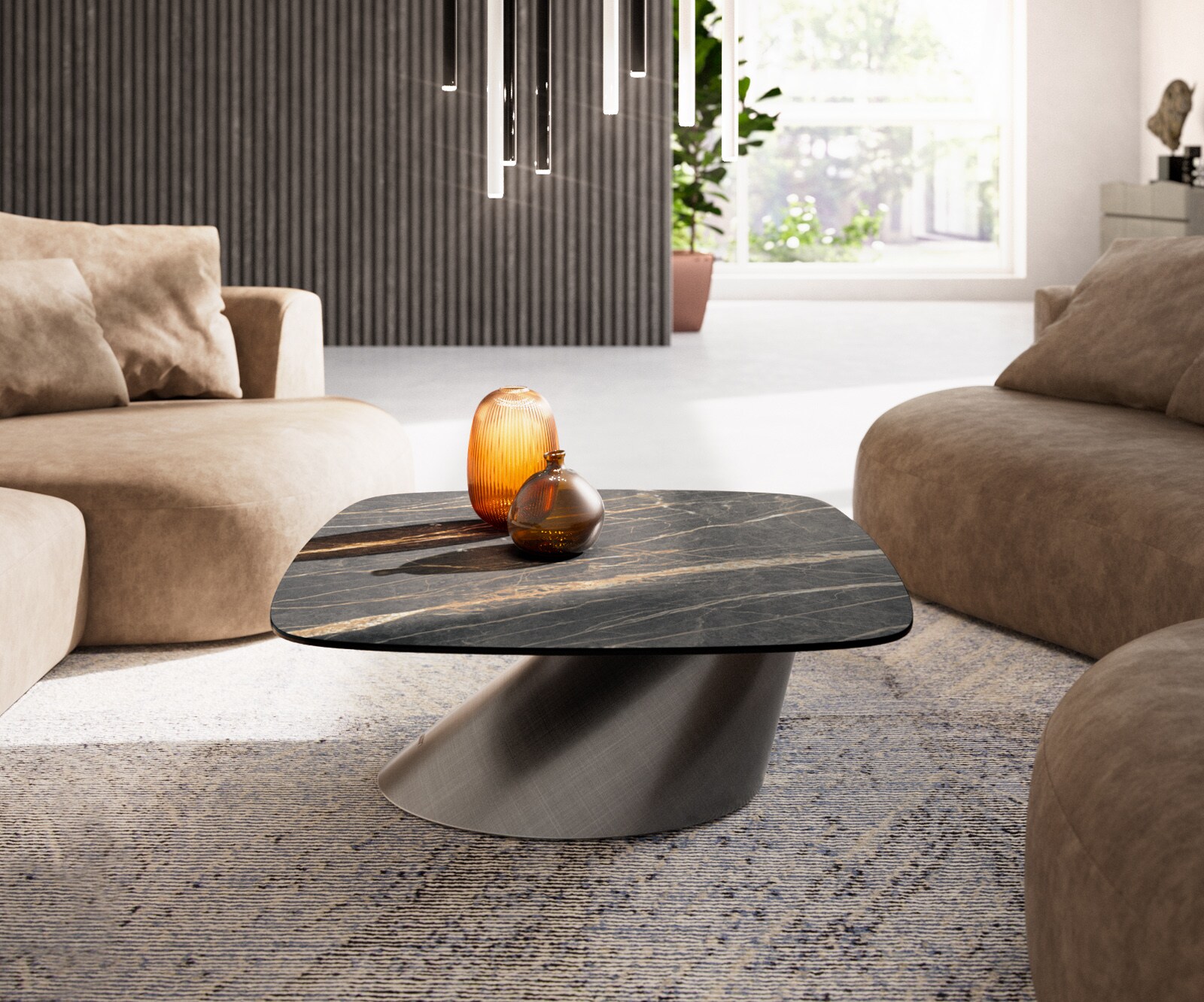 Stolik kawowy Edge w kształcie beczki 90x90 cm ceramika Laminam® Noir Desir brązowy Conis srebrny metaliczny 2