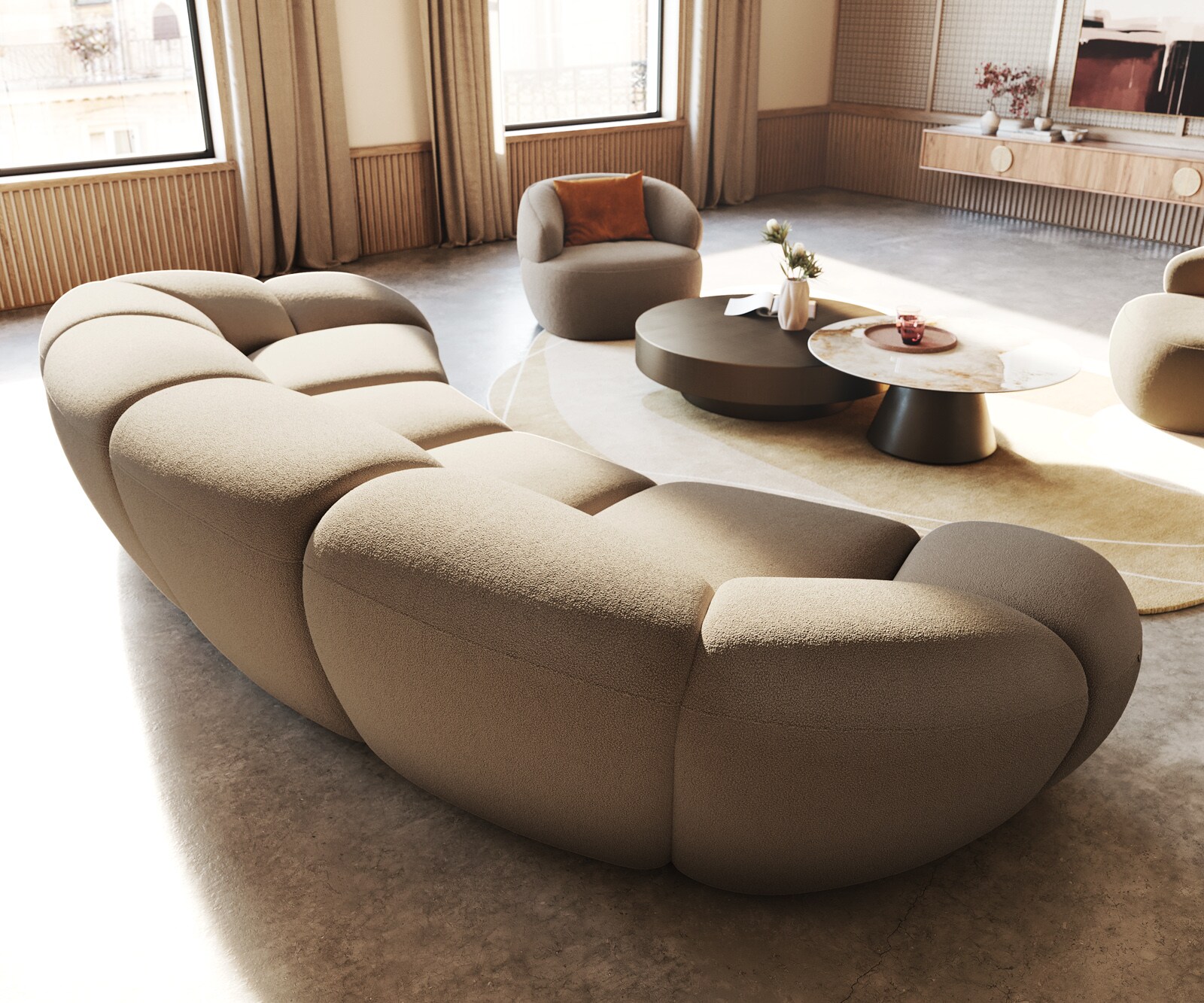 Sofa Lunna 360x175 cm miękka tkanina bouclé szaro-brązowa 2 poduszki 8